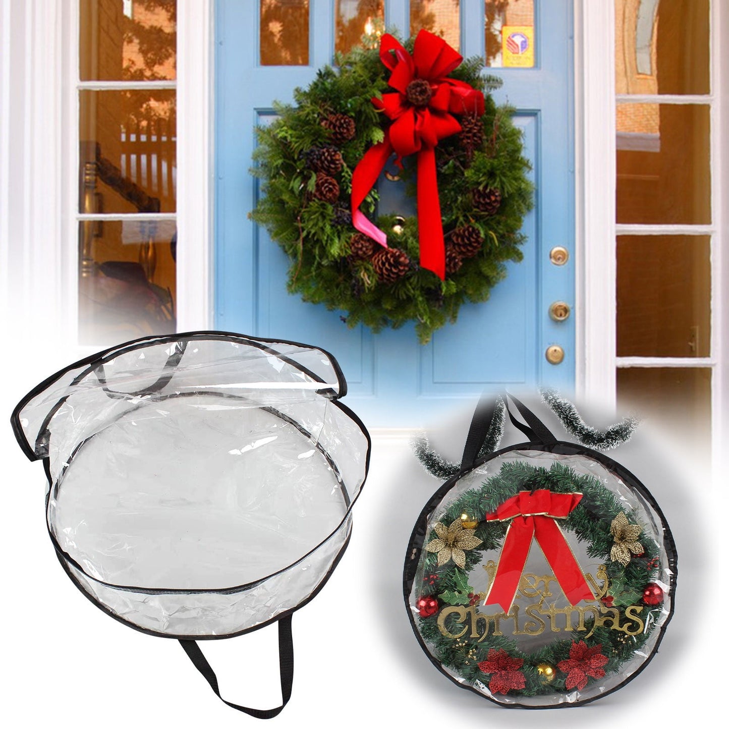 Christmas Wreaths For Front Door,Christmas Tree Bag,Christmas Tree Storage,Christmas Door Cover,Christmas Wreath Storage Bag,Transparent Pvc Dusts-Proof And Moistures-Proof Hanging Bag