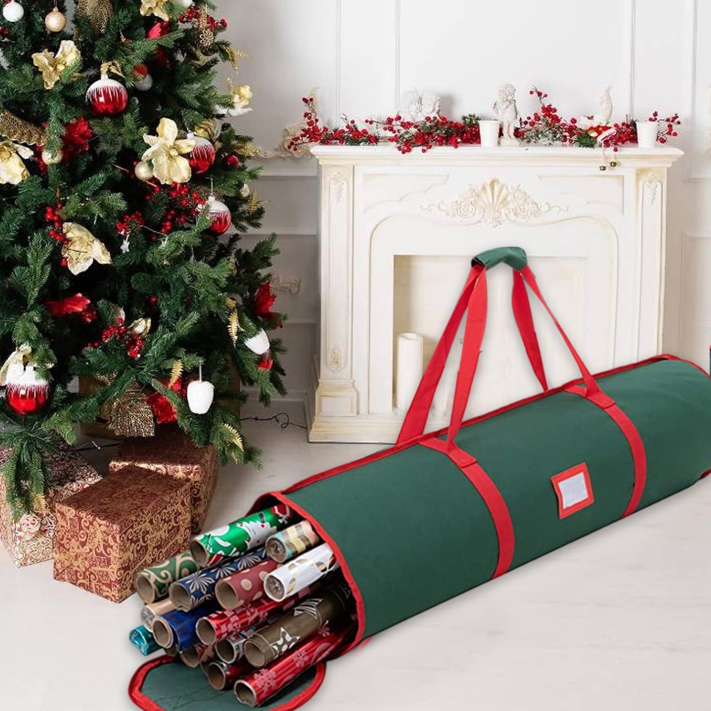Christmas Wreaths For Front Door,Christmas Tree Bag,Christmas Tree Storage,Christmas Wreath Storage Bag,Large Capacity Red Transparent Cylinder Storage Bag Christmas Salute Christmas Gift Paper