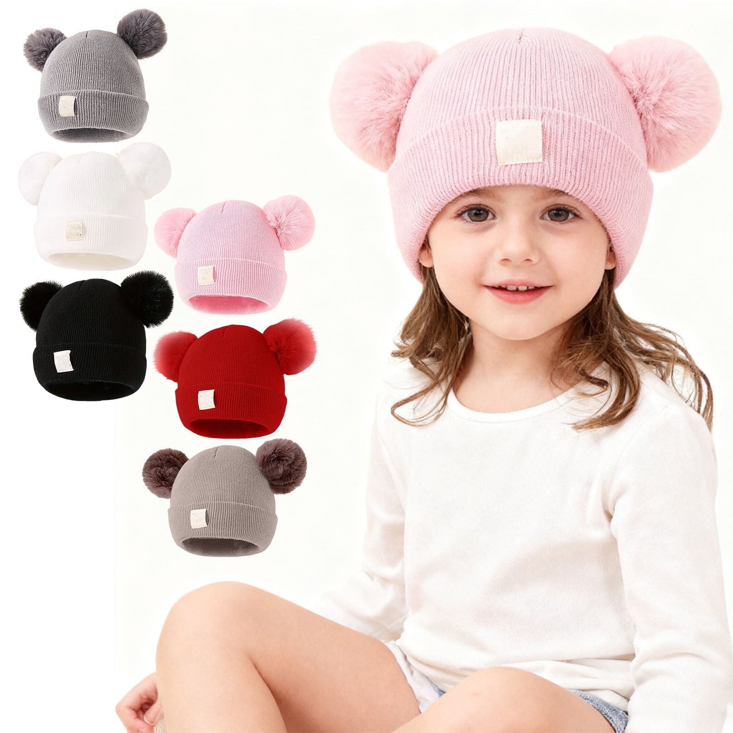 Cute Kid Knitted Hat,Kid Beanie,Kid Winter Knitted Beanie Hat Soft Warm Pom Pom For Infant Toddler Skull Cap,Double Heart Embroidery Double Ball Yarn Hat,Friendly Warm And Warm Hat For Babies