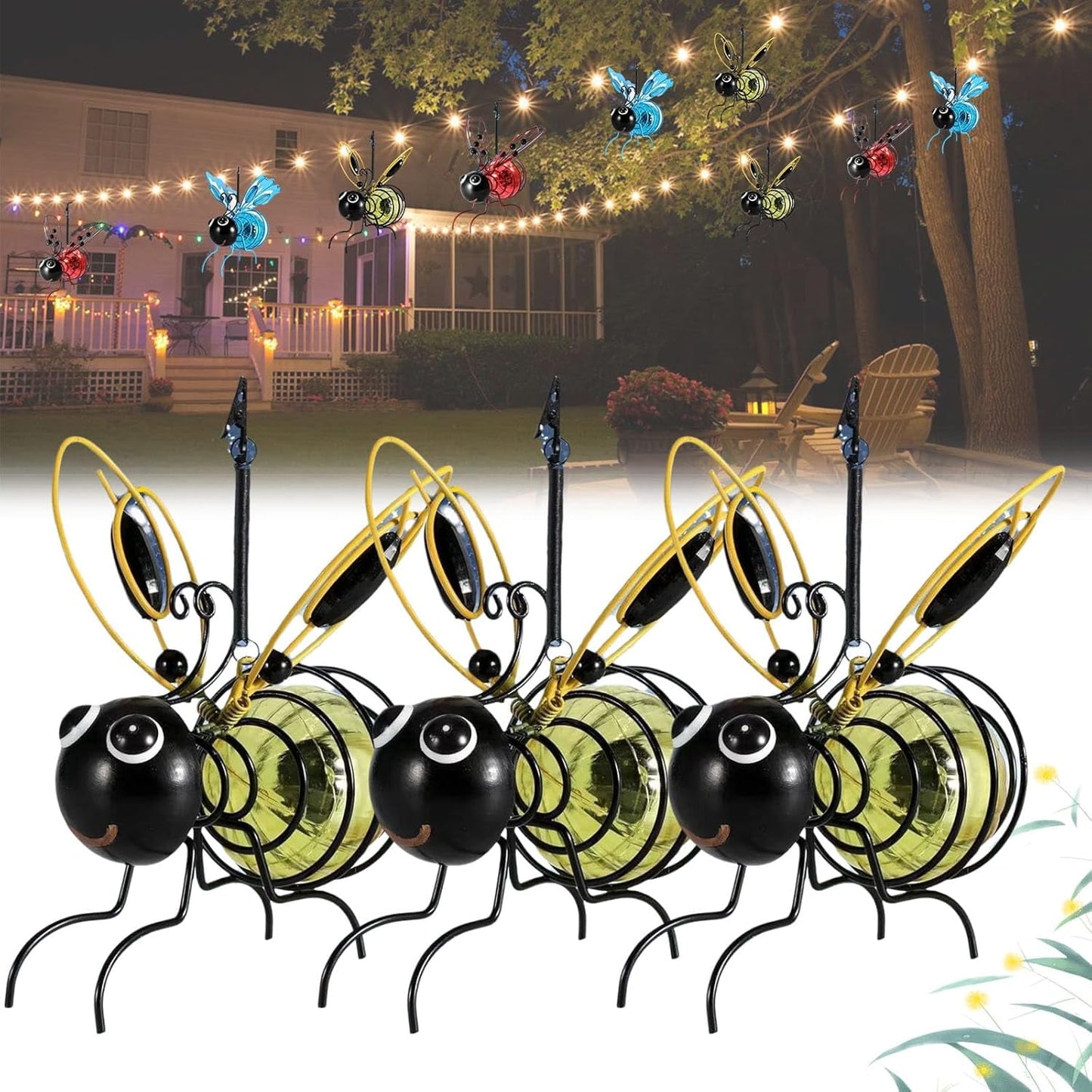 3 Pack Solar Bees Lights Outdoor,Outdoor Hanging Solar Bee Simulation Lights, Solars Bee Simulation Lights, Waterproof Bumble Bees Solar Light for Party Festivals Garden Decor Gifts