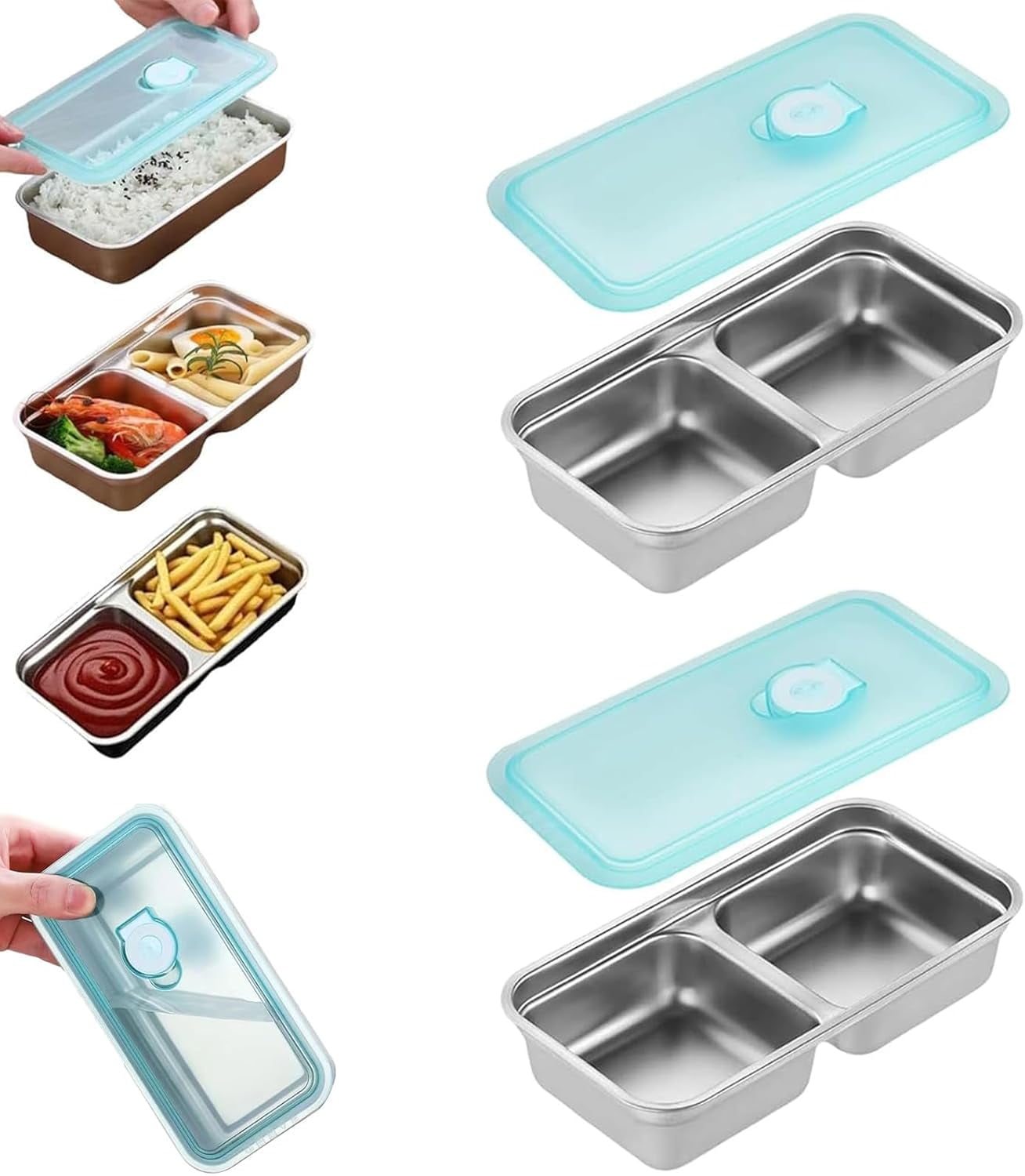 Stainless Steel Snack Containers Reusable, 2025 Double Compartment Snack Containers with Lids, Grab and Go Divided Snacks Dips for Travel and Outdoor Camping, Durable Food Storage,2PCS