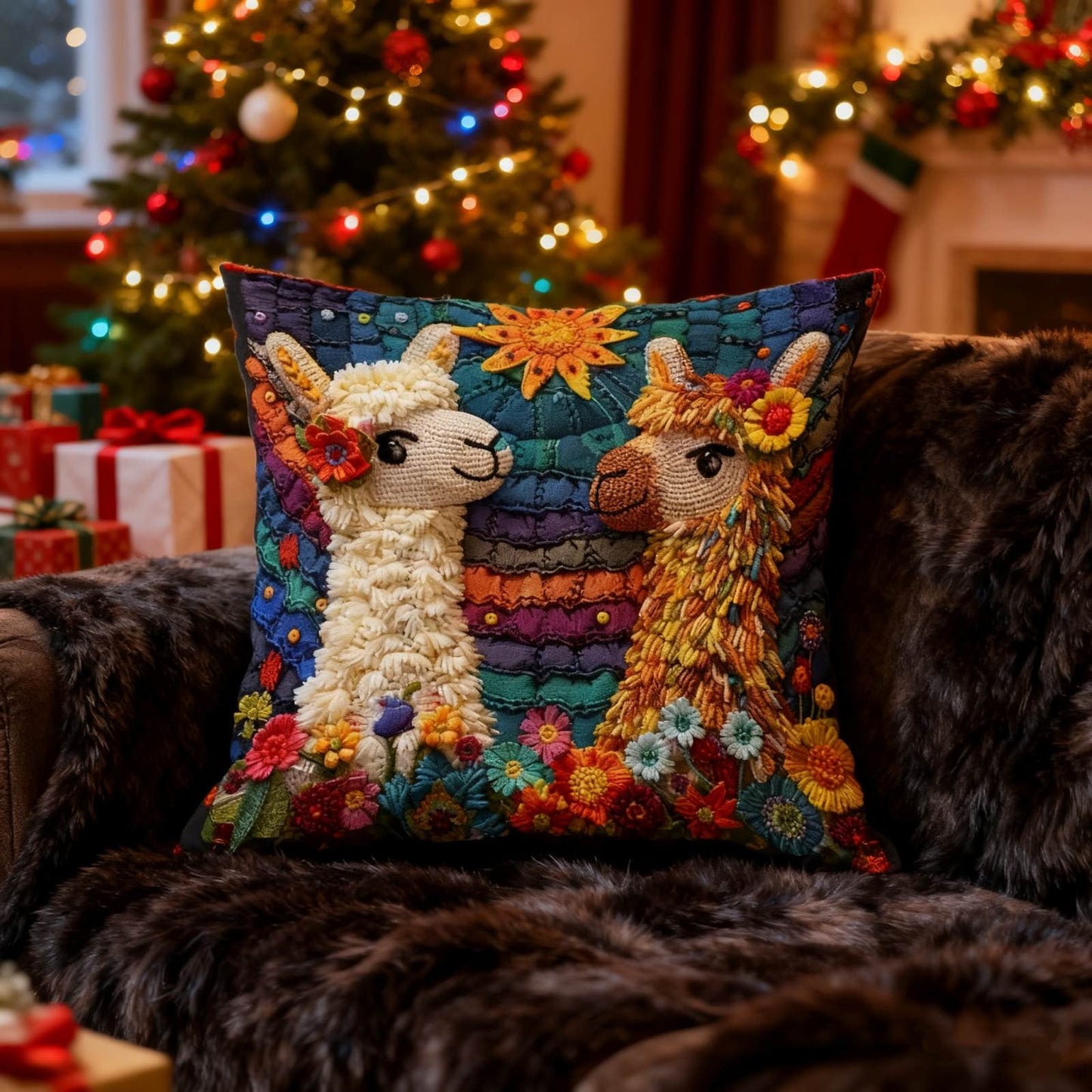 Flower Llamas Printing Throw Pillows Cover,Pillow Covers 18"X18" Sofa Pillow Cases,Farmhouse Indoor Home Couch Decoration,Christmas Decorations