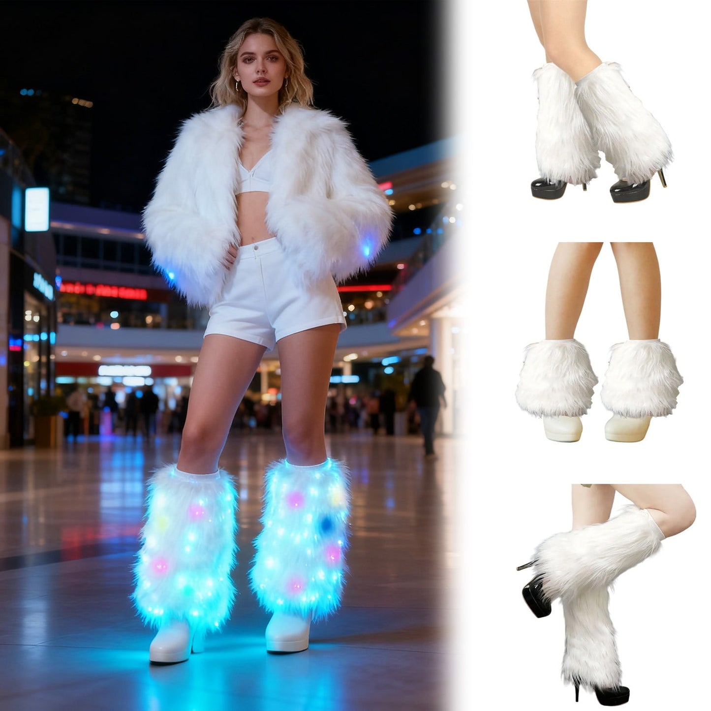 Fuzzy Leg Warmers,White Faux Fur Leg Warmers Light Up,Led Light Up Boot Covers,Led Leg Cover Winter Furry Long Boot Covers Sexy Fun Dance Hosiery For Women,With Glows Effect For Holiday Outfits