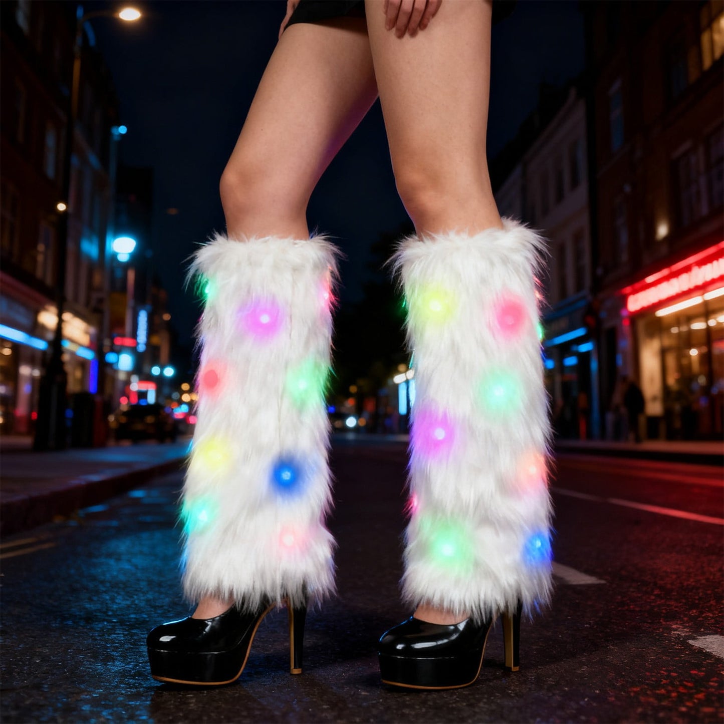 Fuzzy Leg Warmers,White Faux Fur Leg Warmers Light Up,Led Light Up Boot Covers,Led Leg Cover Winter Furry Long Boot Covers Sexy Fun Dance Hosiery For Women,With Glows Effect For Holiday Outfits