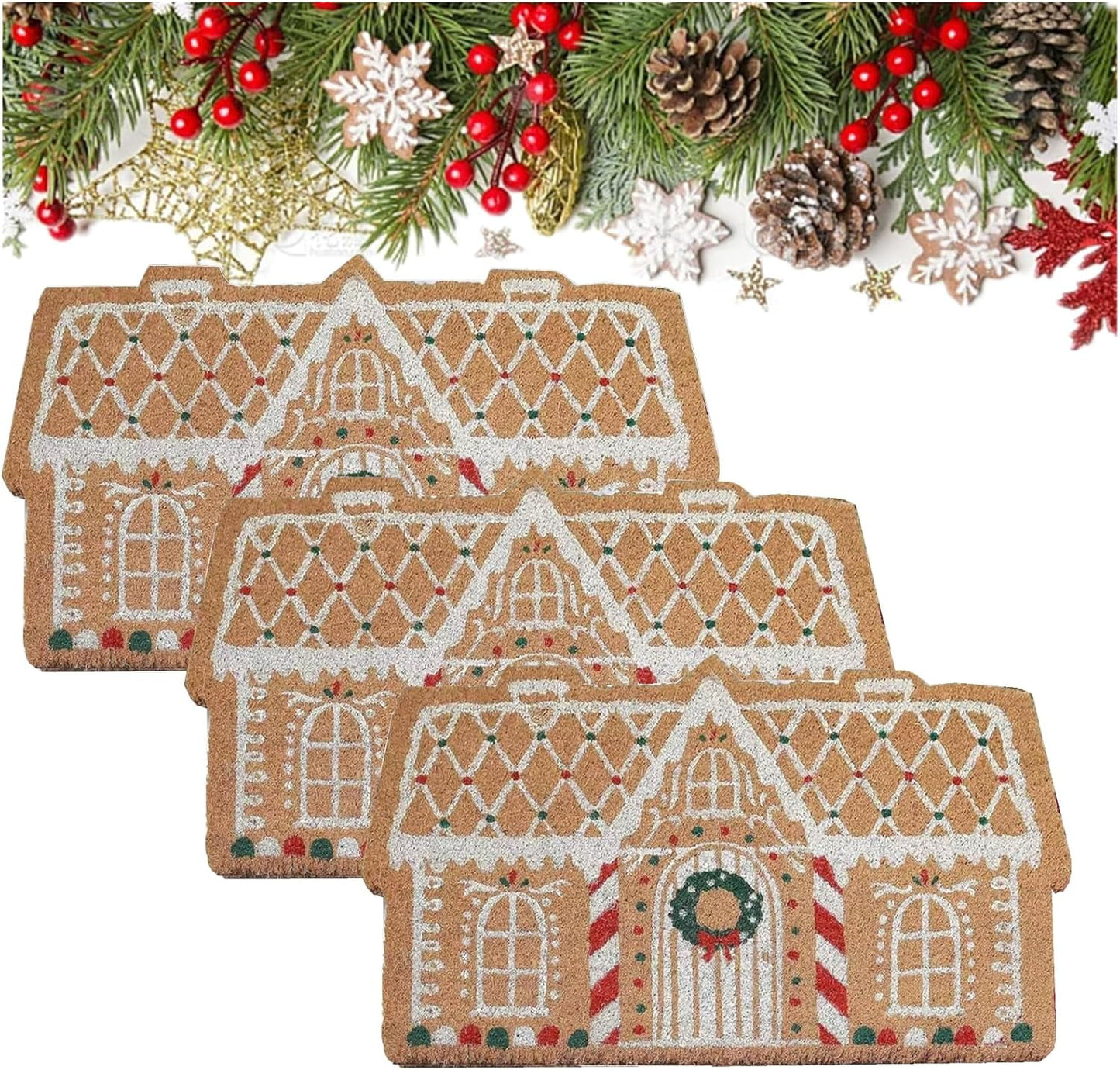 Gingerbread House Door Mat,Gingerbread Door Mat, Christmas Gingerbread Door Mat, Gingerbread Rug Christmas Front Door Welcome Mat, Gingerbread Doormat, Gingerbread House Doormat for Holiday,3pcs