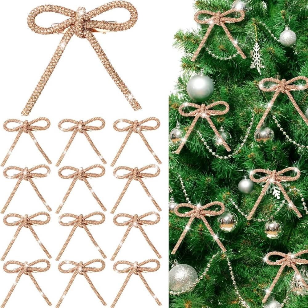 Golden Glitter Christmas Bow With Metal Clip, Festive Tree Ornament, Holiday Decoration For Wreaths, Garlands, And Seasonal Arrangements