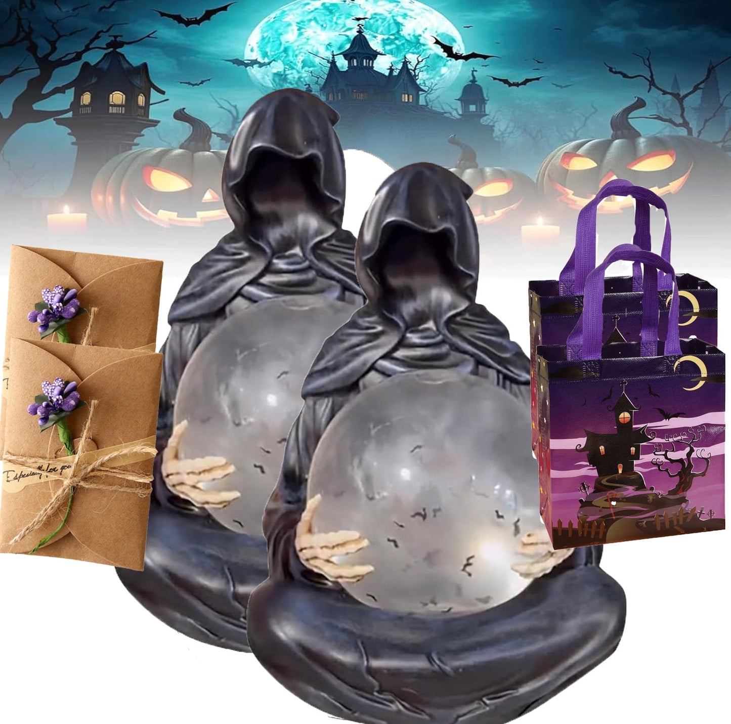 Halloween Suriel & Floating Bat Crystal Ball ,Suriel Bookshelf Figure Decor| Halloween Figurine, Fantasy Decor Grim Reaper Statue, Grim Reaper With Crystal Ball Creepy,Statue Bat,2SET