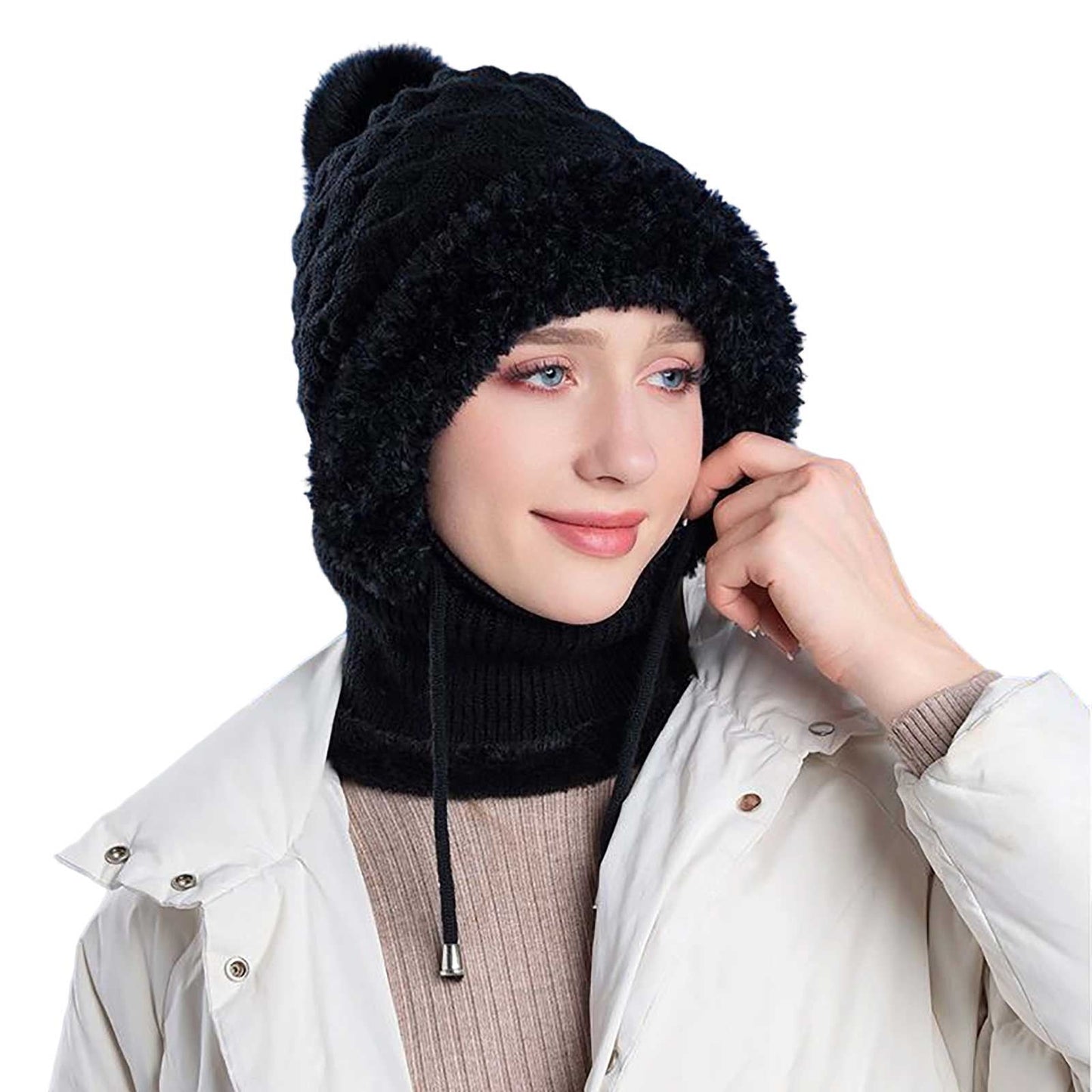 Hat With Scarf Attached,Scarf Hat,Women'S Knitted Hat In Autumn And Winter, 3 In 1 Cold Resistant Hat, Wind-Resistant Scarf Hat Face Mask Hooded Scarf