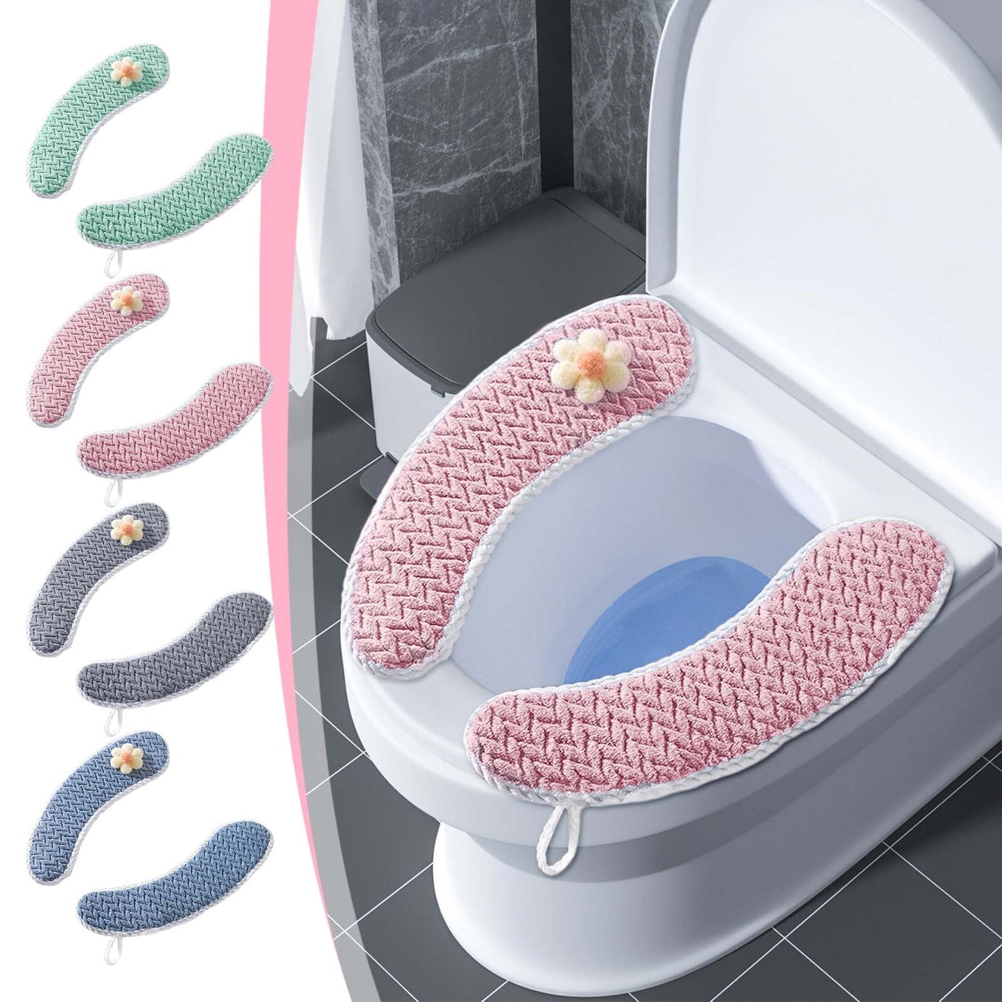 Household Thickened Toilet Seat Warmer Covers With Handle,Toilet Seat Cushion,All-Season Compatible,Cartoon Portable,Soft Knitted Washable Set,Washable Full Surround Elastic Round & Rectangular Seats