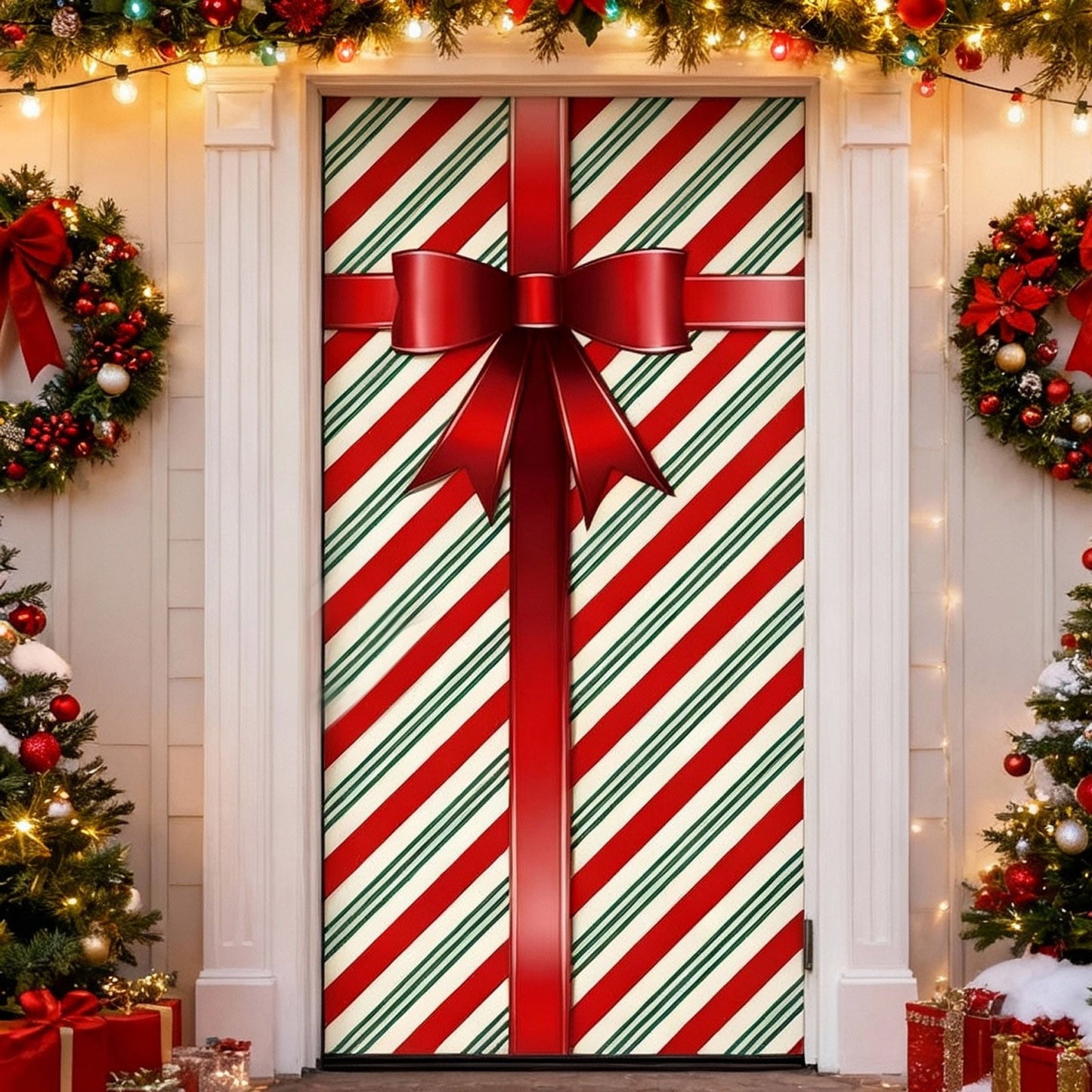 Large Christmas Door Cover With Festive Holiday Artwork, Elastic Fabric Door Curtain For Wall And Front Porch Seasonal Decorations And Party Backgrounds