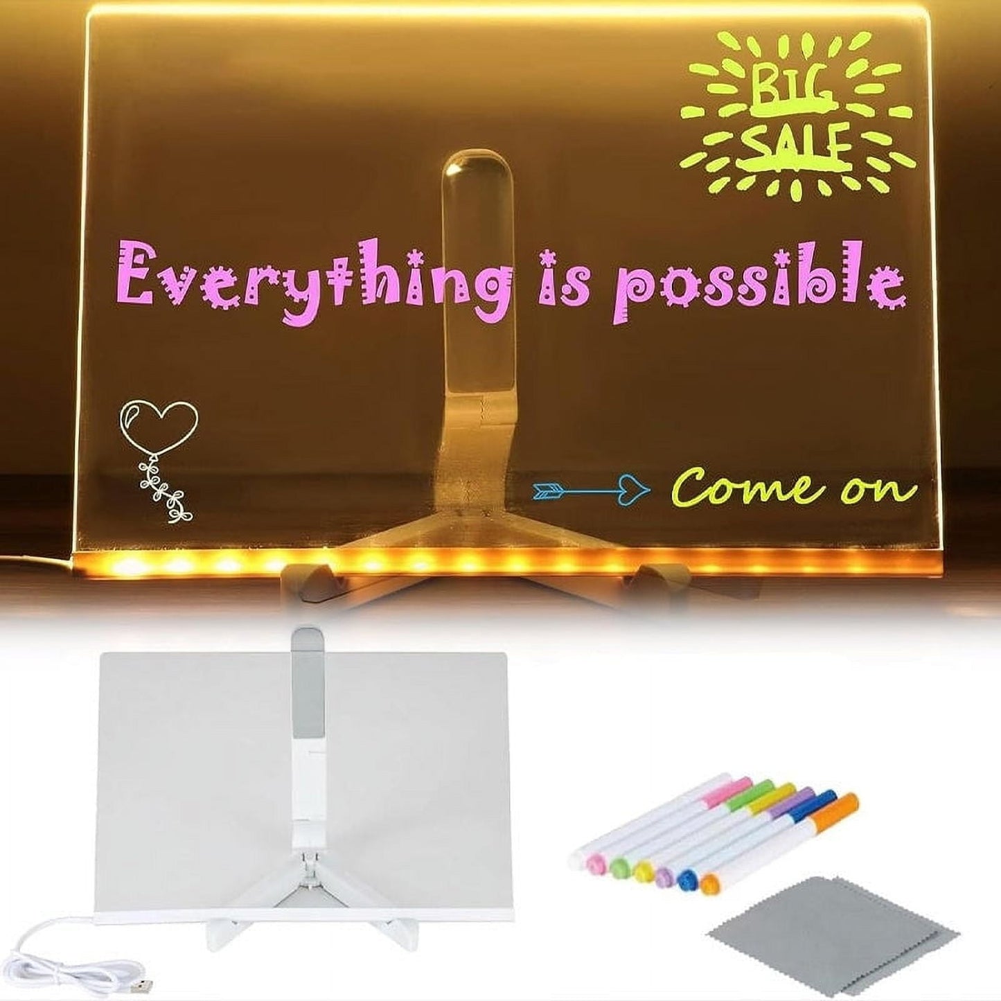 Led Note Board With 7 Colors Pen, Acrylic Dry Erase Board With Light And Stand, Led Acrylic Message Board,Glowing Acrylic Message Marker Board For Office School Home Memo Board Note