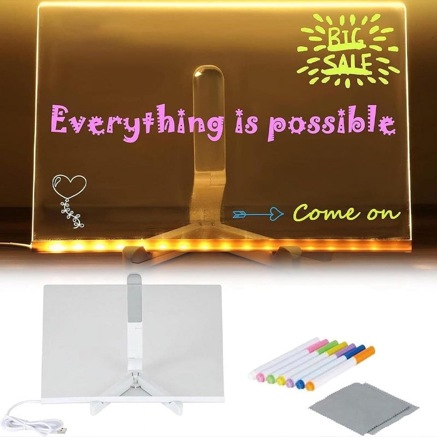 Led Note Board With 7 Colors Pen, Acrylic Dry Erase Board With Light And Stand, Led Acrylic Message Board,Glowing Acrylic Message Marker Board For Office School Home Memo Board Note