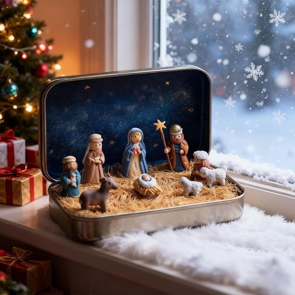 Mini Christmas Nativity Set In Tin Box - Portable Holy Family Figurines Religious Christmas Decor, Festive Gift For Family, For Holiday Home & Desktop Religious Displays,Office Desk Display