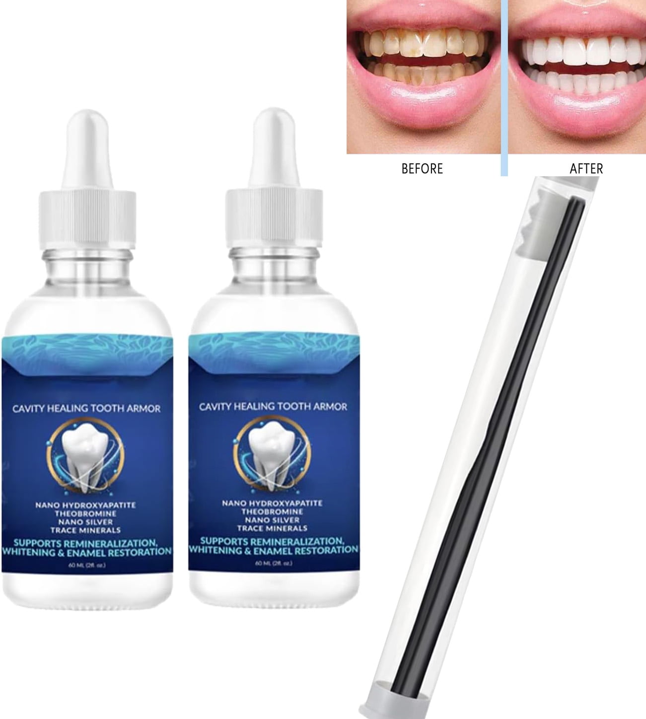 2PCS Dentite Cavity Healing Tooth Armor with Toothbrush,Dentite Cavity Healing Tooth Armor Liquid Helps Keep Gum Healthy,Whitening & Enamel Restoration,60ML+Toothbrush