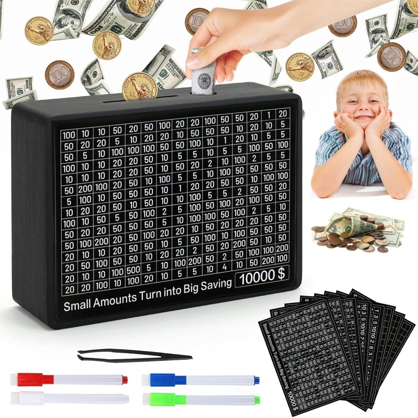 Money Saving Box,Wooden Money Box ,10000 Savings Challenge Box,Cash Vault Wooden Savings Box Coin Money Savings Box With Counter,Gift For Adults Kids Boys,1000$