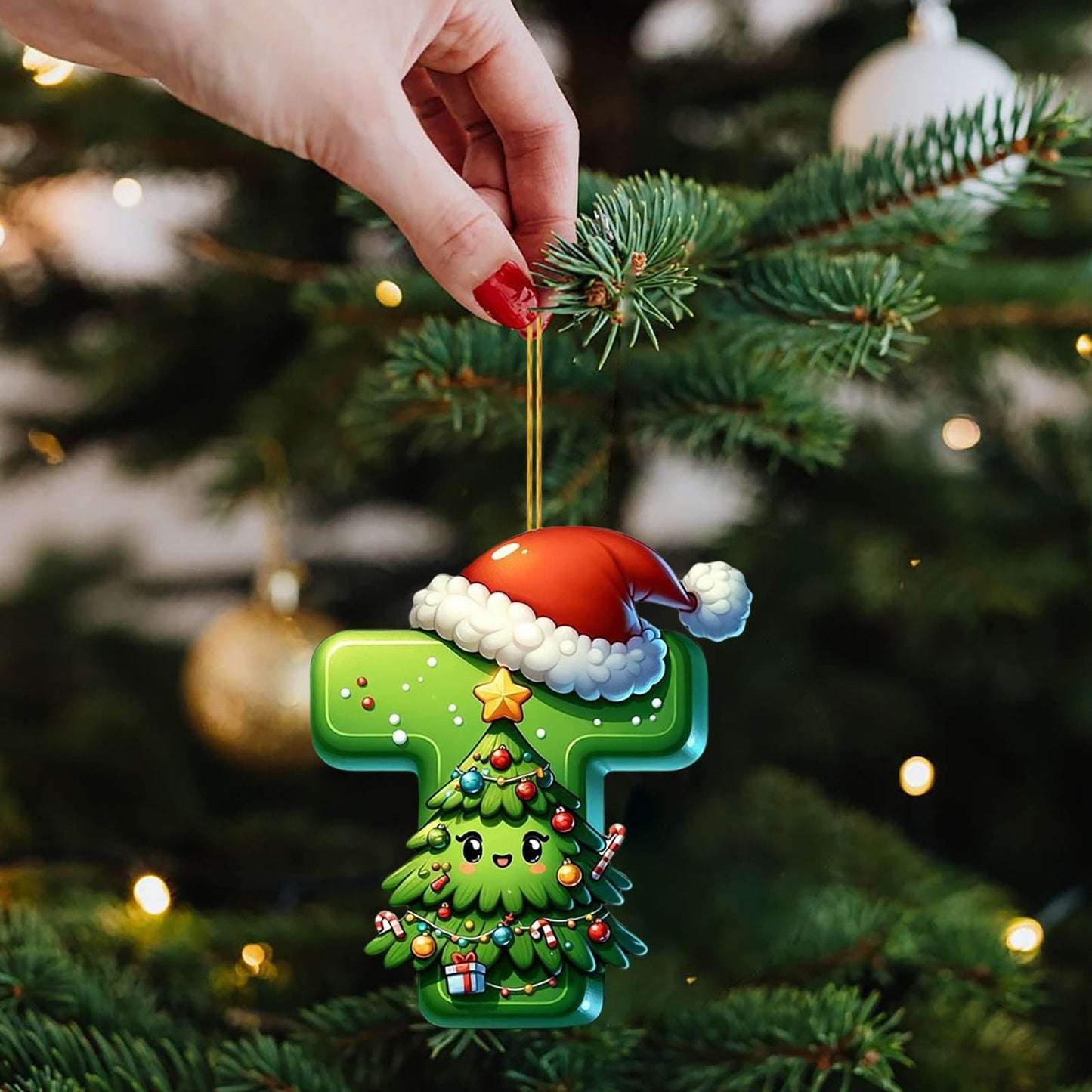Personalized Diy Green 26 Initial Letter Monogram Ornaments,26 Letters Alphabet Christmas Ornaments With Santa Claus Mini Xmas Tree, For Christmas Tree,Holiday Hanging Decorations & Party Gifts