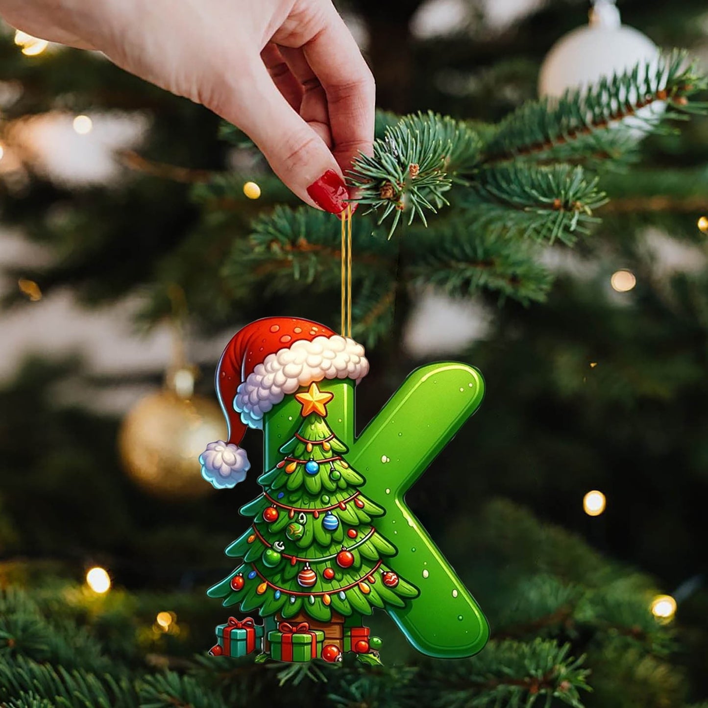 Personalized Diy Green 26 Initial Letter Monogram Ornaments,26 Letters Alphabet Christmas Ornaments With Santa Claus Mini Xmas Tree, For Christmas Tree,Holiday Hanging Decorations & Party Gifts