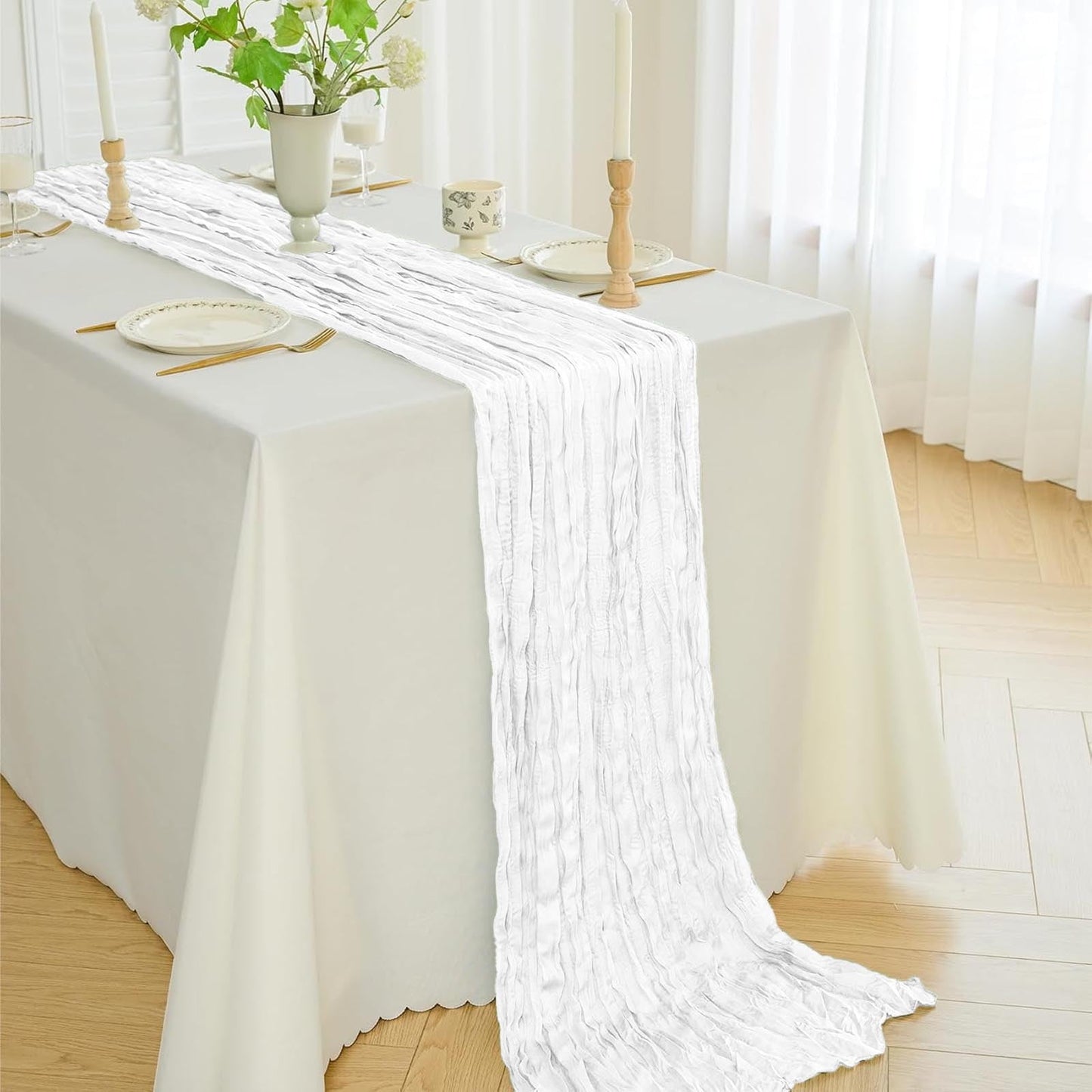 Pleated Gauze Crepe Table Flags Christmas Table Runner Decor,Cheesecloth Gauze 90X180Cm Rustic Boho Cheese Cloth Runner For Wedding Baby Bridal Shower Party Long Sheer Home Christmas Decorations