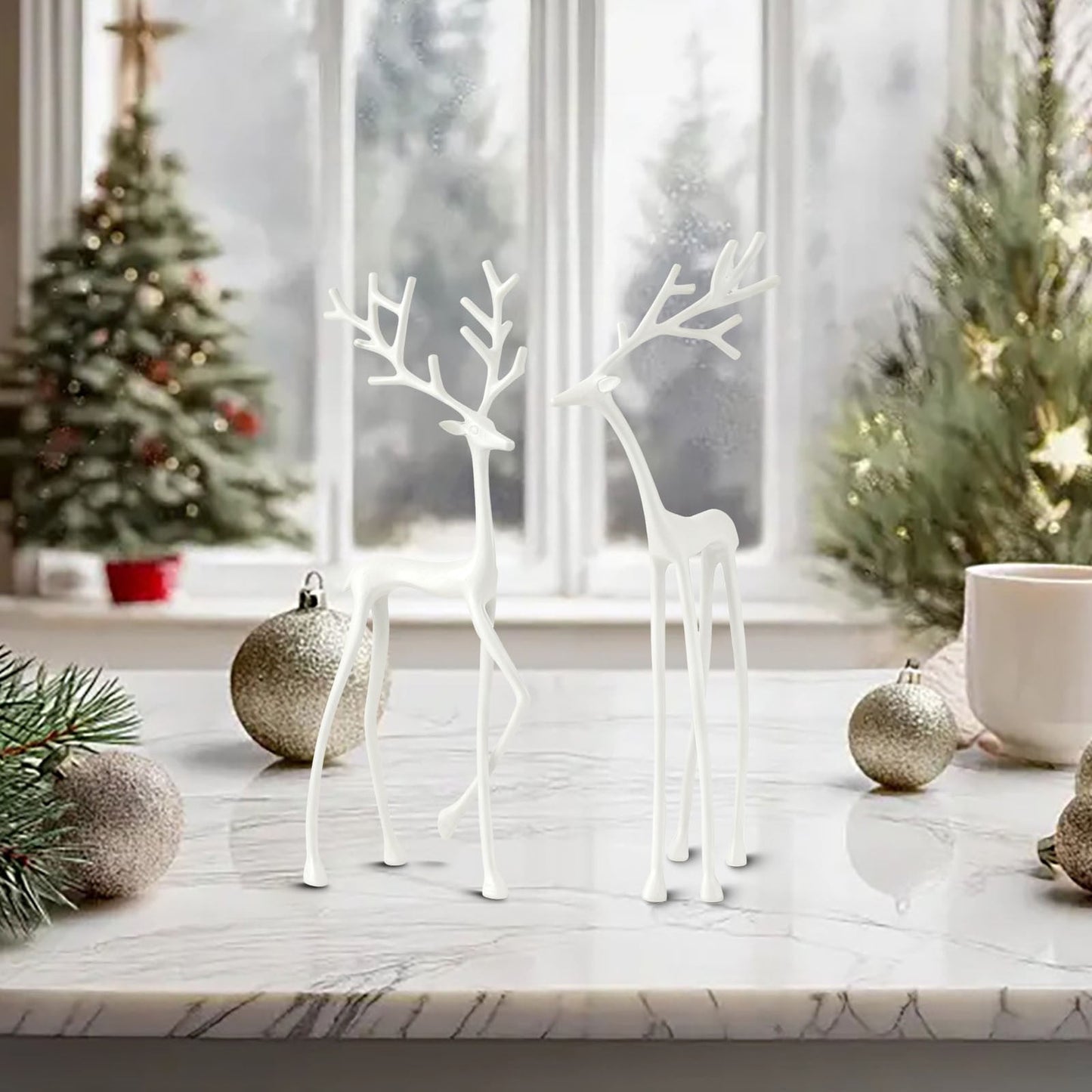 1pc-7.9In white Little Elk, Reindeer Christmas Decor,Reindeer Figurines,Resin Standing And Sitting Deer Figurine 8.6 In And 7.9 In,Imitation Metal Reindeer Decorations,For Christmas Decor Display