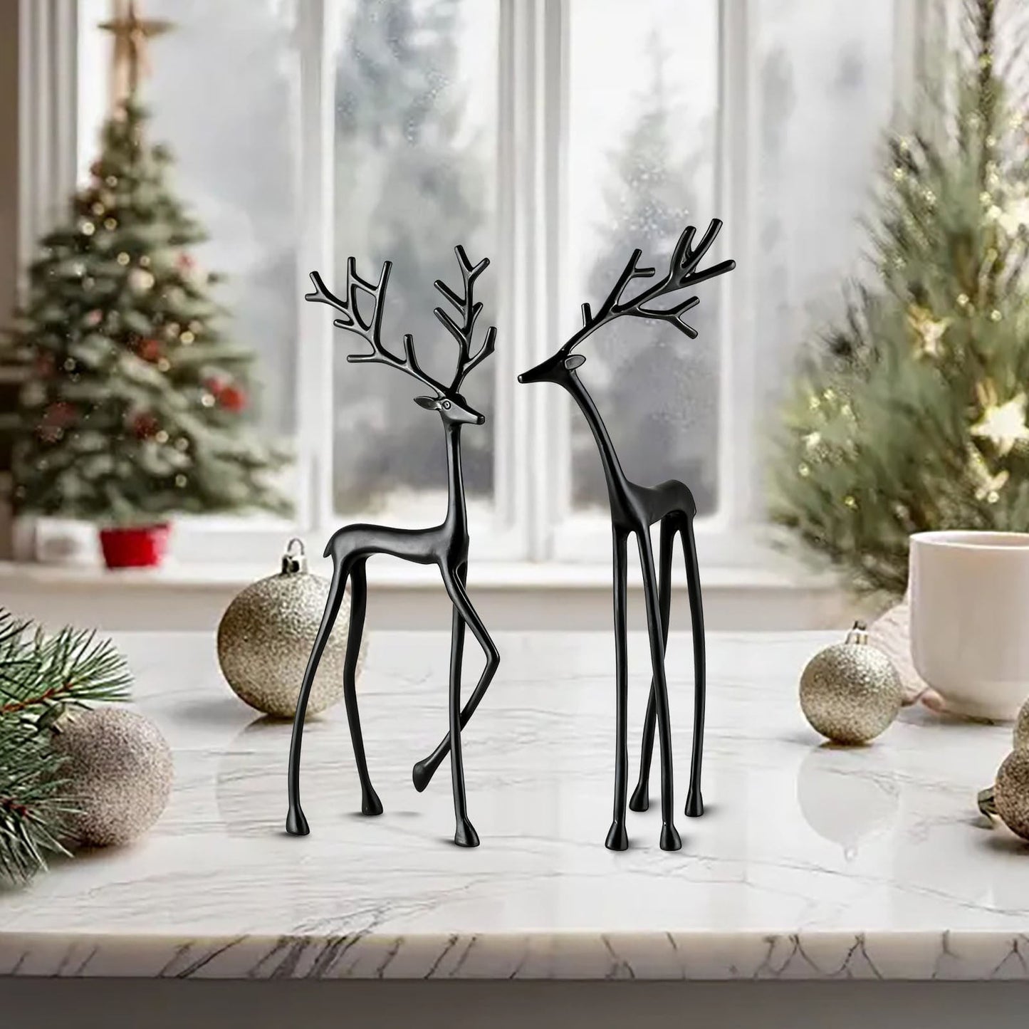 1pc-7.9In Black Little Elk, Reindeer Christmas Decor,Reindeer Figurines,Resin Standing And Sitting Deer Figurine 8.6 In And 7.9 In,Imitation Metal Reindeer Decorations,For Christmas Decor Display