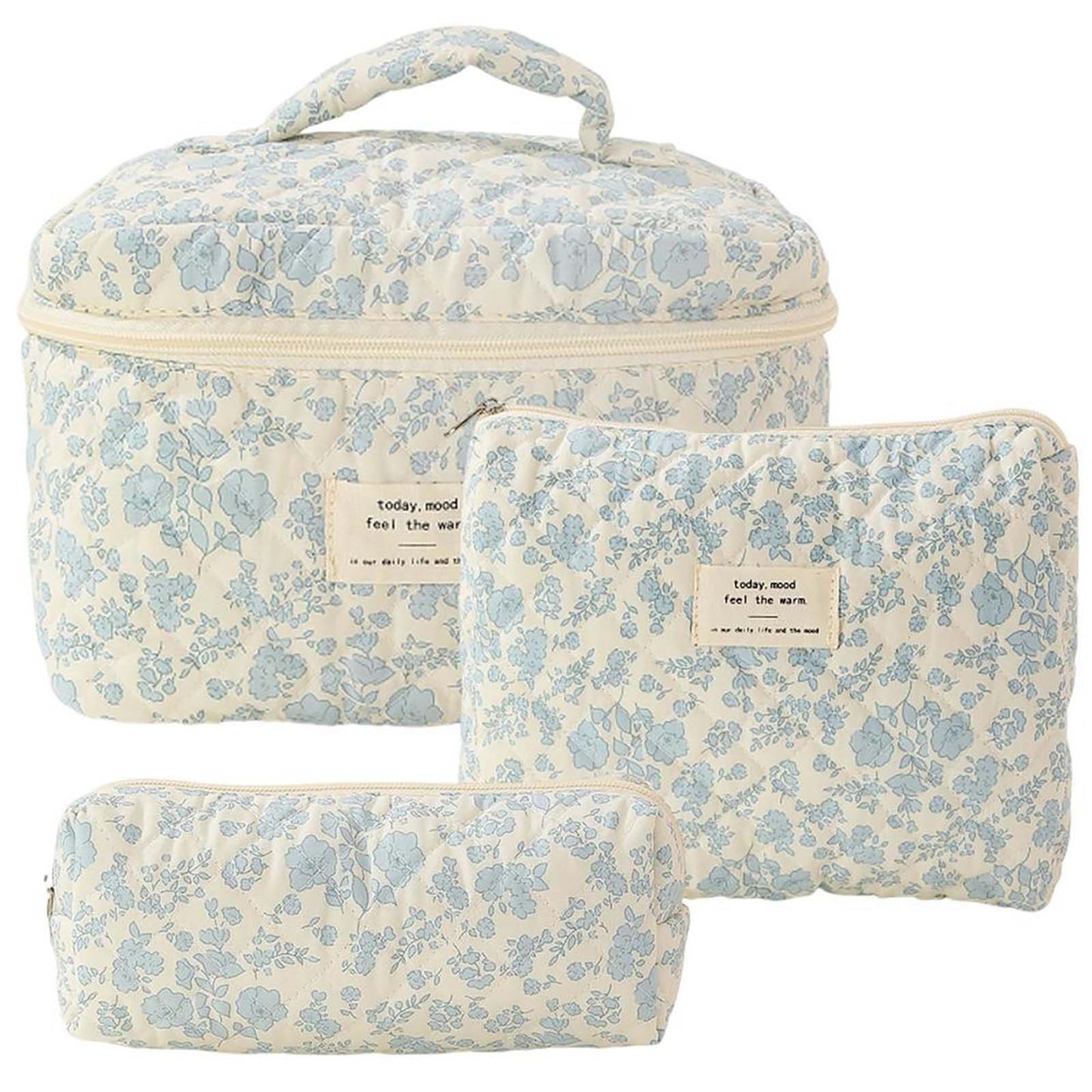 Banzch 3 Pcs Cotton Quilted Makeup Bag Set Floral Cotton Cosmetic Bag Toiletry Travel Organizer Bag For Women Girls,Mothers Day Gifts