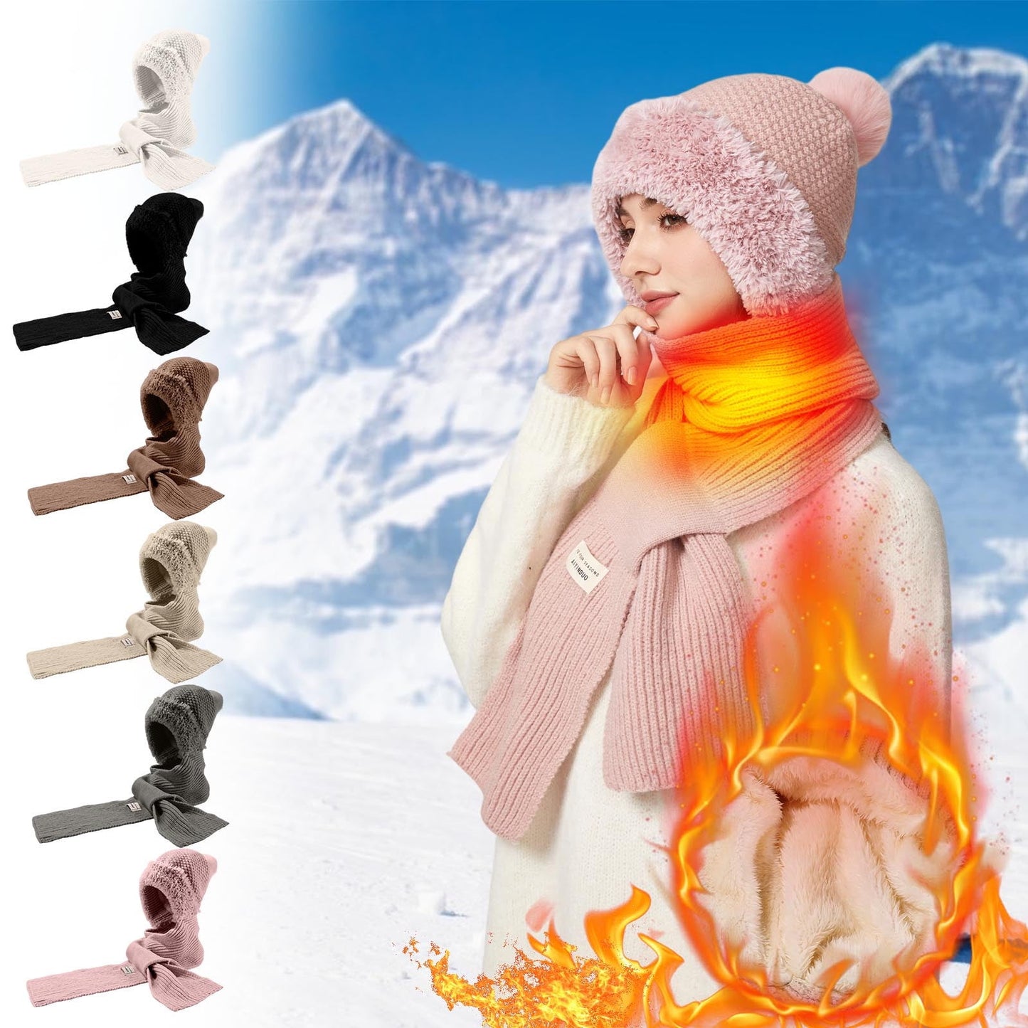 Scarf, Hat, Mask 3-In-1 Knit Hat With Scarf And Mask, Fleece Lined Winter For Women, Windproof Warm Knitted Beanie & Face Cover,Indoor Outdoor Hat Winter