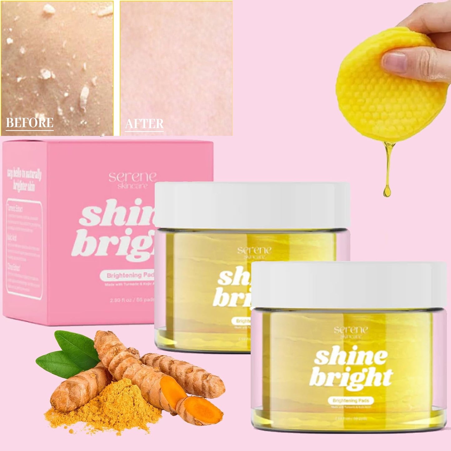 Shine Bright Pads,Shine Bright Turmeric Kojic Acid Pads,Turmeric Kojic Acid Cleansing Pads,Turmeric Kojic Acid Cleansing Pads,Shine Bright Face Pads For Dark Spots,Brightens And Evens Out Skin,110Pads