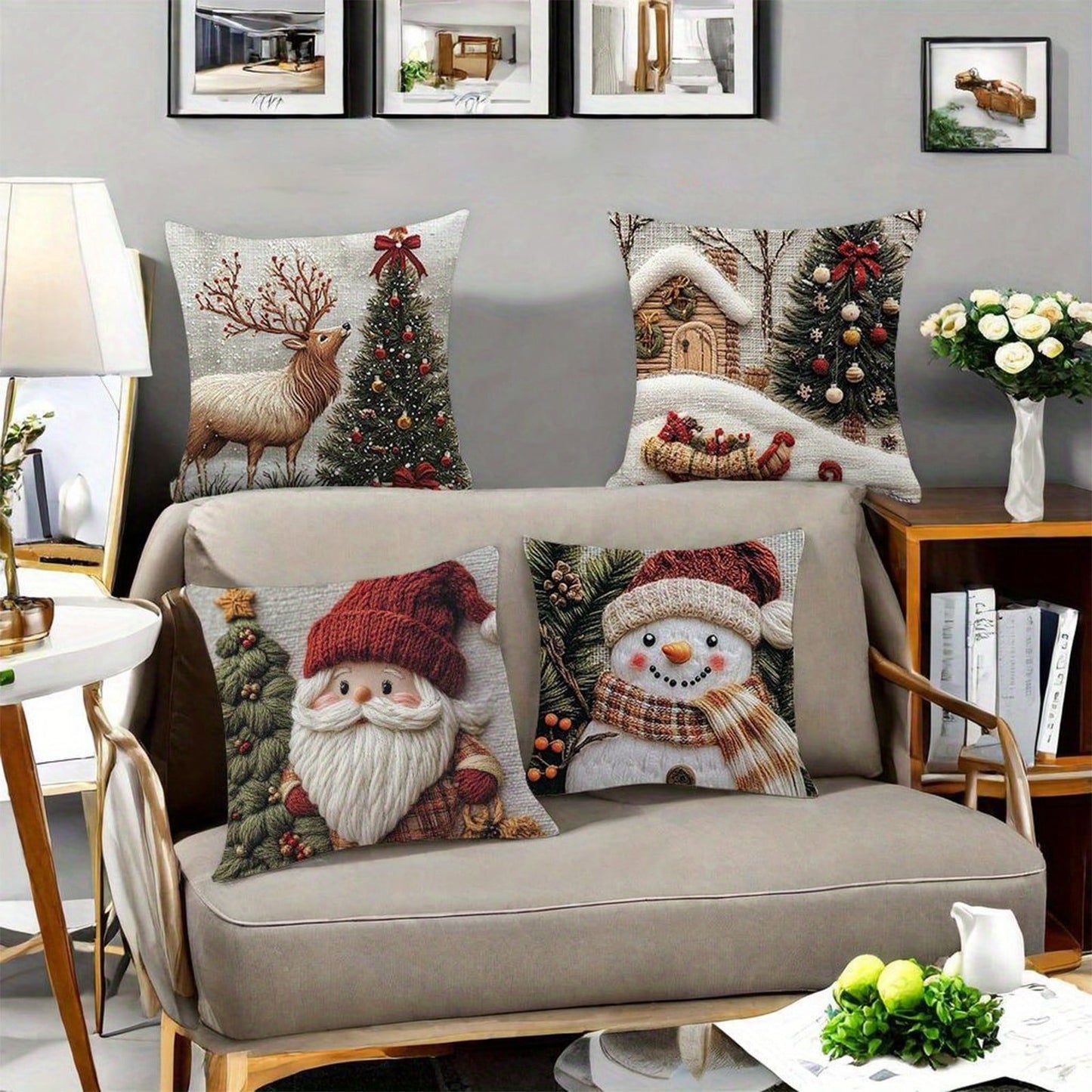 Snowman Pillow Covers Square Christmas Throw Pillow Covers 18''X18'' Linen Xmas Deer & Snowman Plaid Cushion Cover Decorative Square Pillowcases With Invisible Zipper For Living Room Sofa Bedroom