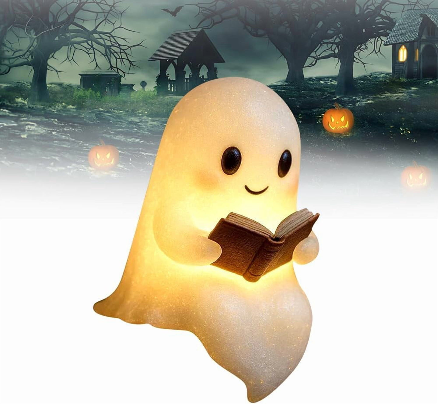 Halloween Cute Ghost Reading Book Lamp,Halloween Ghost Night Light,Ghost Reading Night Lights,3D LED Night Light Halloween, Light Up Halloween Decor, for Bedroom Study Room (8.6inch)