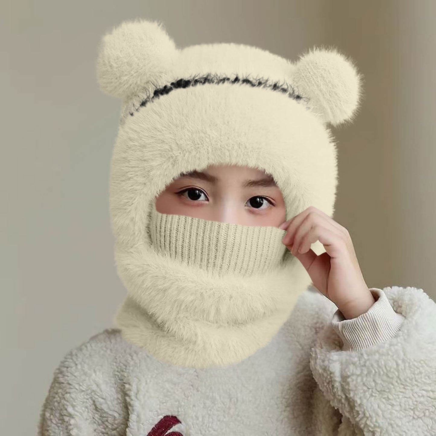 Super Warm Bear Shape Toddler Winter Hat Scarf Set 3-6 Years,Children'S Hat Piece Hairy Double-Layer Pullover Hat Winter Thick Warm Scarf Hat,Unisex Infant Toddler Kids Hat Scarf