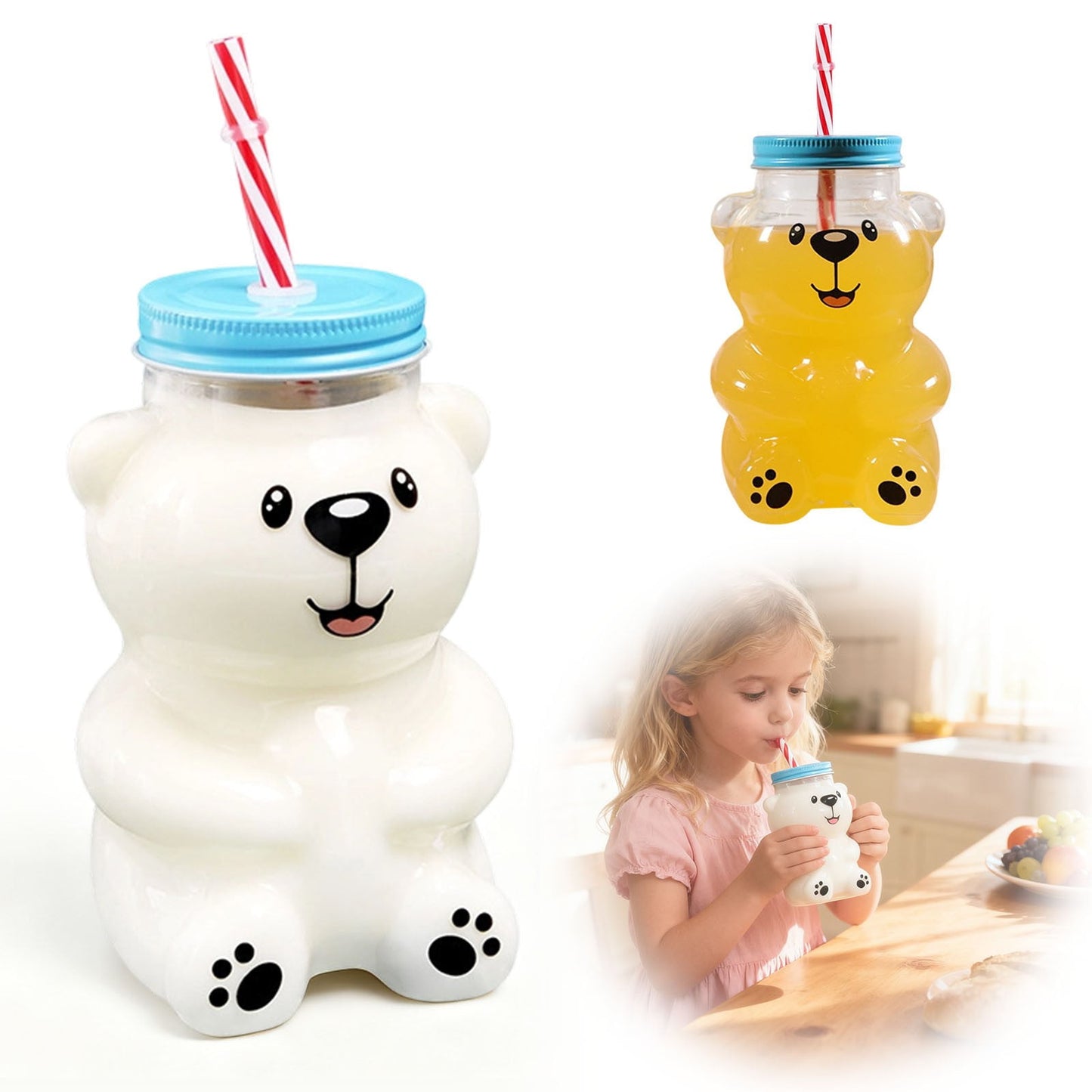 Valentine'S Day Gift Glass Bear Cup With Lid Straw Cup,Bear Straw Glass Tumbler,Christmas Cup Cute Design With Leak-Proof Lid & Reusable Straw For Iced Coffee, Boba Tea,Juice Smoothies,Safe Material