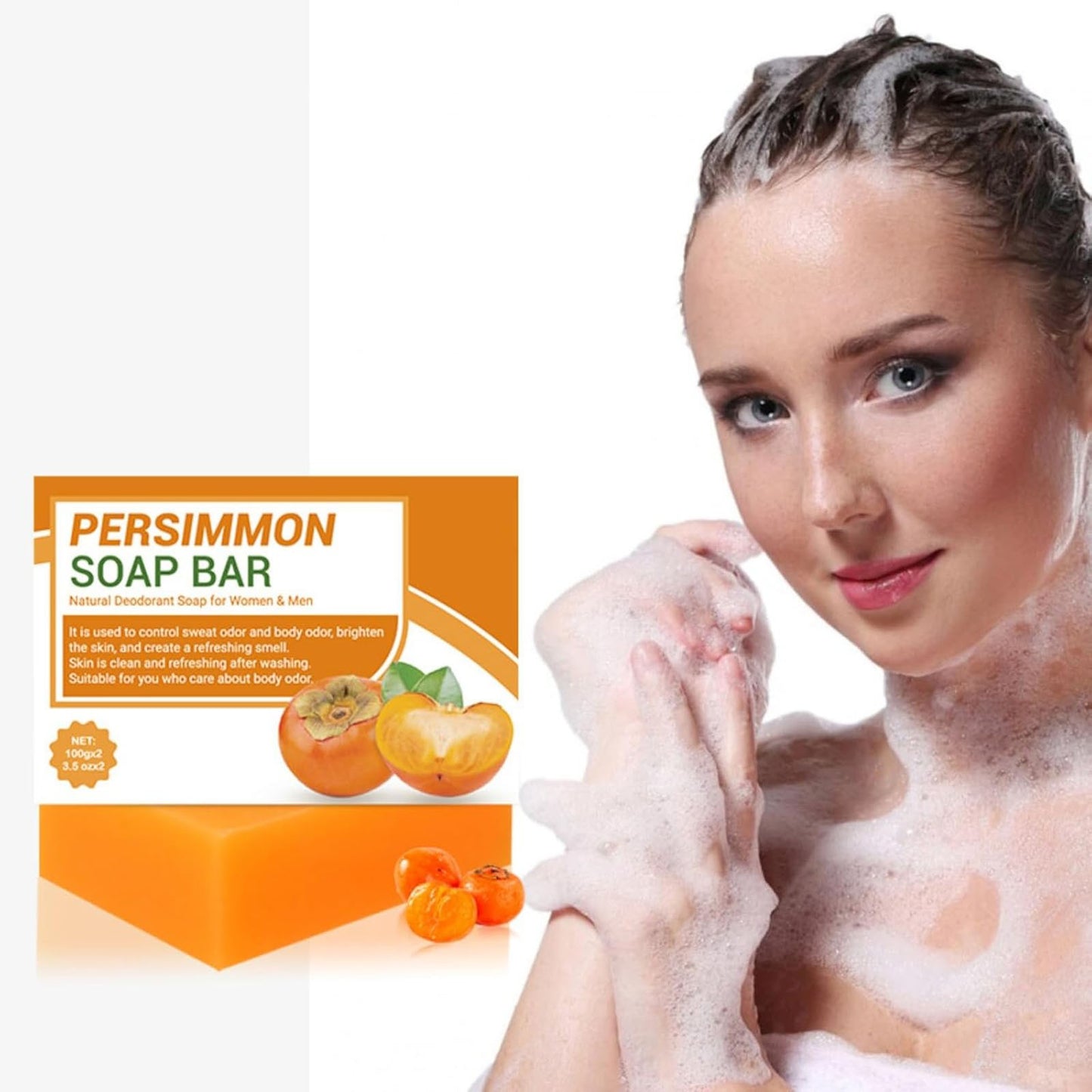 3PCS Persimmon Soap Bar For Body Odor Removal, Persimmon Soap Body Wash,Handmade Persimmon Green Tea Soap For Face And Body Wash, Old People Smell Eliminator Deodorant Bath Soap For Men Women