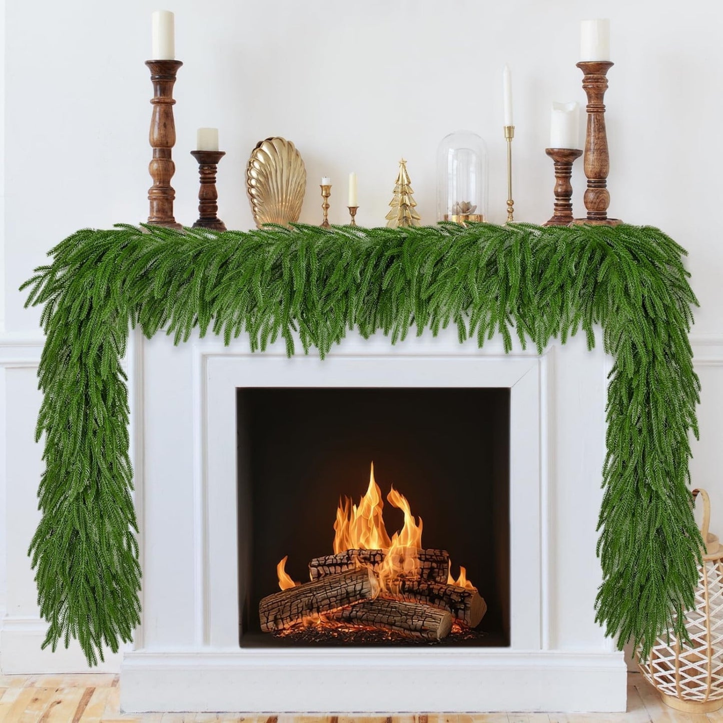 1.5M Christmas Norfolk Pine Garland,Artificial Christmas Garland Real Touch Artificial Pine Greenery,Table Wall Mantle Indoor Fireplace Home Holiday Winter Decoration,Christmas Table Fireplace Wall