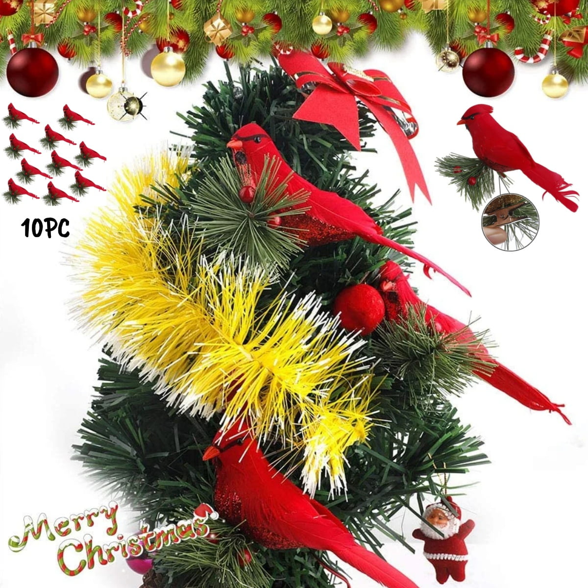 10 Pcs Red Cardinal Christmas Ornaments,Cardinal Ornaments For Christmas Tree,Clip On Christmas Ornaments,Clip On Red Cardinals Artificial Birds Decor For Xmas Tree Wreath Centerpiece Crafts