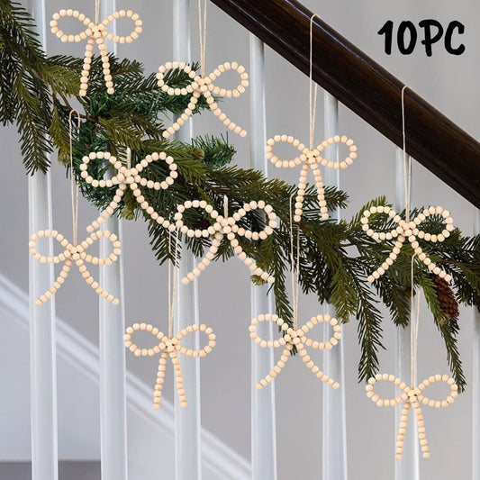 10Pcs Christmas Tree Wood Beads Bow Ornaments,Boho Christmas Decor,Boho Christmas Tree Ornaments,Farmhouse Wooden Beads Xmas Decor Natural Modern Xmas Decorative For Winter Party Decor