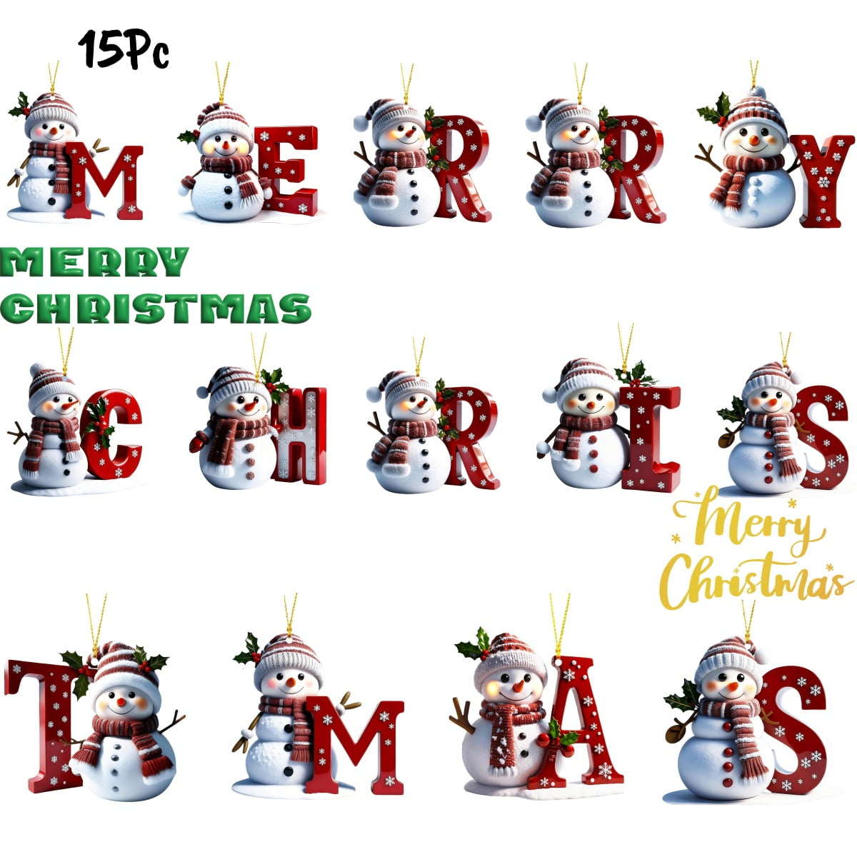 15Pc-Merry Christmas(Send One Randomly) Snowman Ornaments,Snowman Christmas Ornaments, Christmas Letter Ornaments,Cute Flat Christmas Tree Letter Decoration Personalized Hanging Pendant