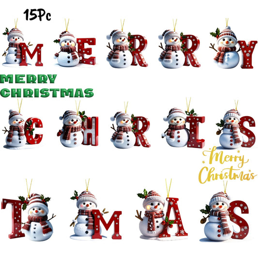15Pc-Merry Christmas(Send One Randomly) Snowman Ornaments,Snowman Christmas Ornaments, Christmas Letter Ornaments,Cute Flat Christmas Tree Letter Decoration Personalized Hanging Pendant