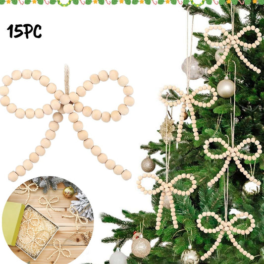 15Pcs Christmas Tree Wood Beads Bow Ornaments,Boho Christmas Decor,Boho Christmas Ornaments,Farmhouse Wooden Beads Xmas Decor Natural Modern Xmas Decorative For Winter Party Decor