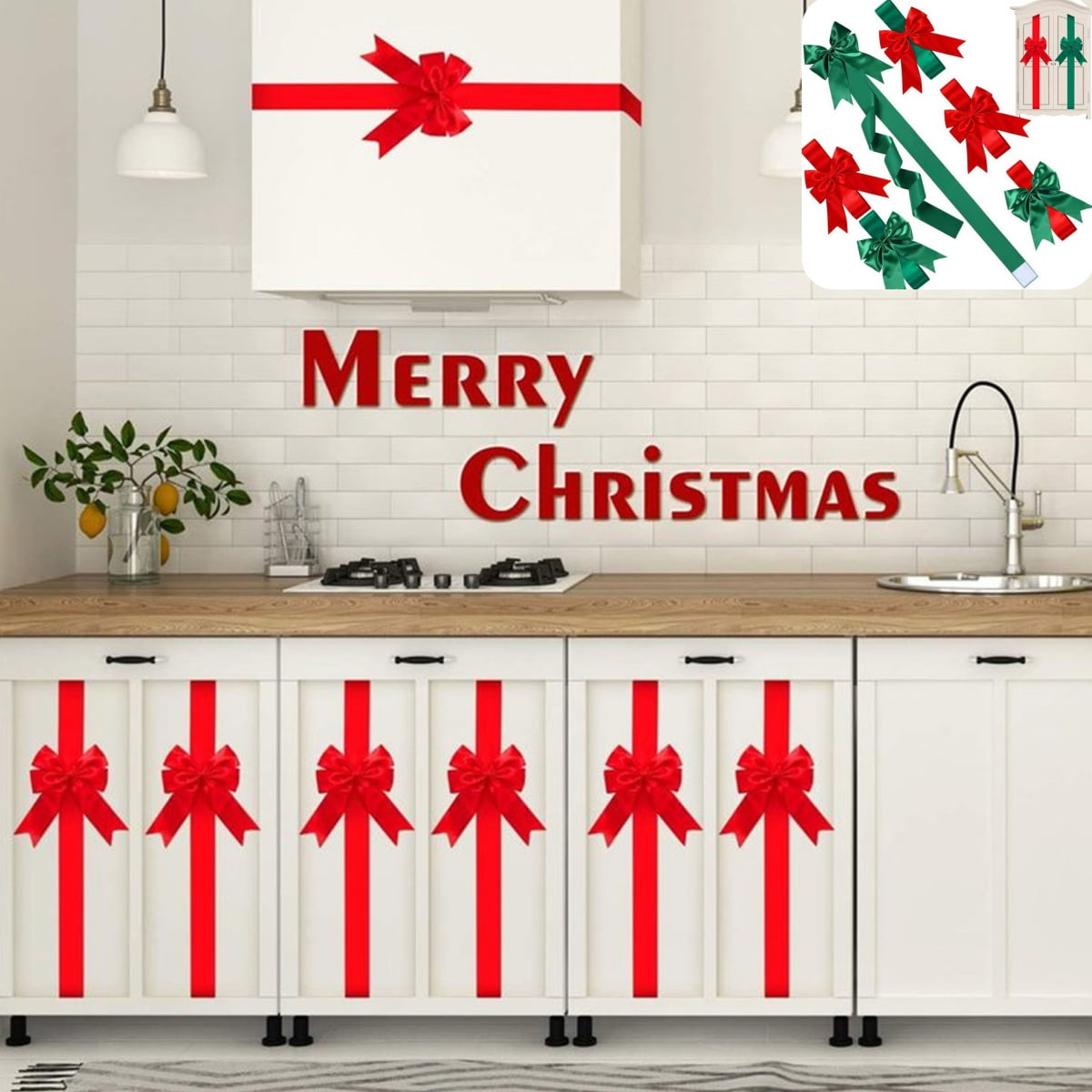 1Pc Christmas Cabinet Decor,Cabinet Bows For Kitchen Christmas,Christmas Cabinet Bows,Festive Ribbons Large Red Door Ribbon Party Decorations,Bows For Gifts,Furniture Kitchen Party Decor,Red