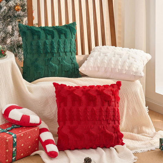 1Pc Christmas Reindeer And Trees Pillow Covers 18X18 Christmas Pillow Set Plushs Snowflake Christmas Tree Embroidered Wool Living Room Sofa Cushion Holiday Party Decoration Cushion Set