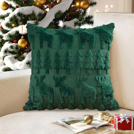 1Pc Christmas Reindeer And Trees Pillow Covers 18X18 Christmas Pillows Cover,Xmas Decorations Soft Fluffy Winter Lumbar Pillow Covers For Couch Sofa Bedroom Holiday Festivals Home Decor