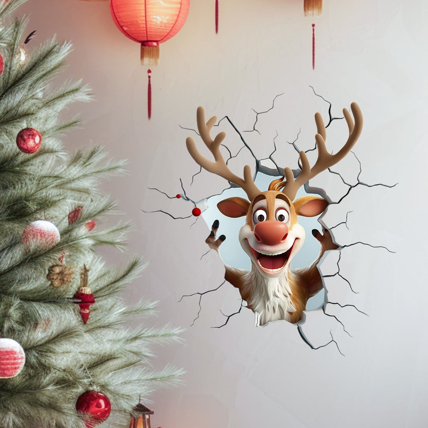 1Pc Fun Holiday Wall Decal Santa Claus Wall Stickers,3D Christmas Santa Breaking Brick,Sturdy Design With Easy Application,Christmas Sticker Decorations For Home, Party, Living Room,Toilet