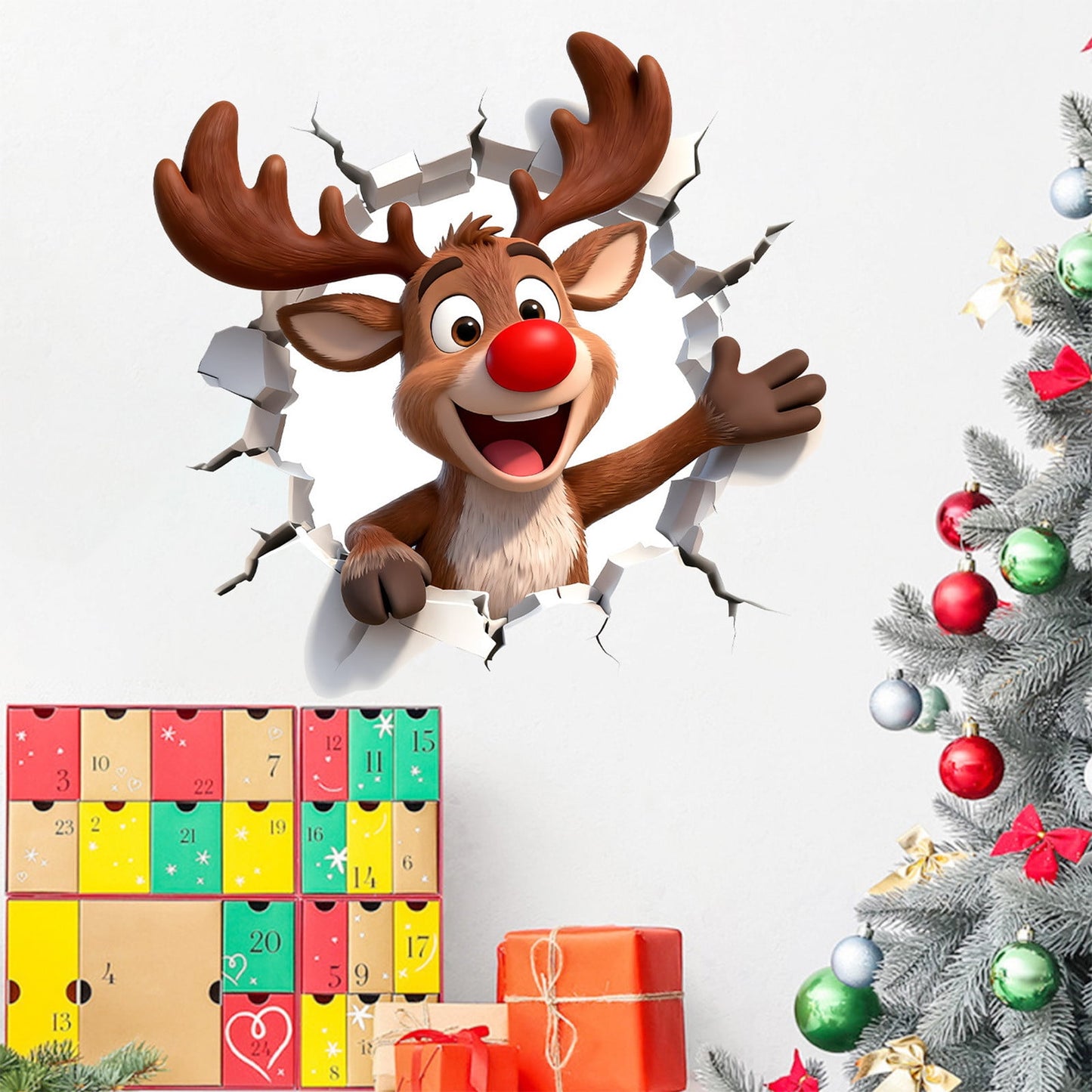 1Pc Fun Holiday Wall Decal Santa Claus Wall Stickers,3D Christmas Santa Breaking Brick,Sturdy Design With Easy Application,Christmas Sticker Decorations For Home, Party, Living Room,Toilet