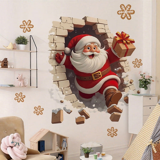 1Pc Fun Holiday Wall Decal Santa Claus Wall Stickers,3D Christmas Santa Breaking Brick,Sturdy Design With Easy Application,Christmas Sticker Decorations For Home, Party, Living Room,Toilet