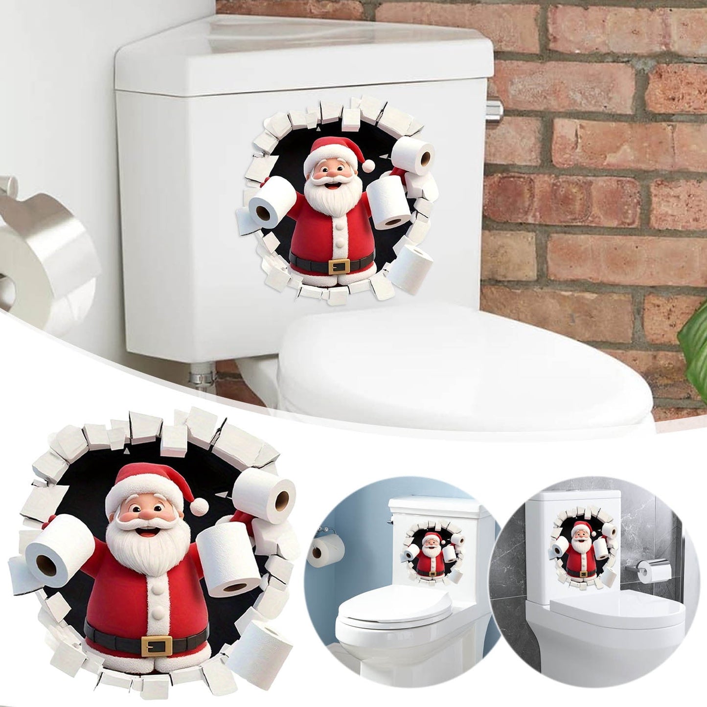 1Pc Fun Holiday Wall Decal Santa Claus Wall Stickers,3D Christmas Santa Breaking Brick,Sturdy Design With Easy Application,Christmas Sticker Decorations For Home, Party, Living Room,Toilet
