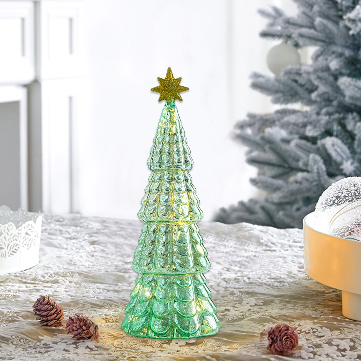 1Pc Illuminated Mercury Glass Christmas Trees,Crystal Glass Christmas Tree Ornaments,Glass Christmas Trees With Led Lights, Gold & Silver Illuminated Tabletop Decor For Xmas Home Party Centerpiece