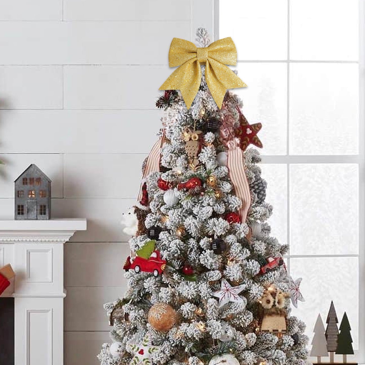 1Pc Large 20Cm Sparkling Christmas Pearl Cottons Gold Powder Bow,Mall Christmas Tree Decoration Pendant Gift Box Diy Accessories,Festive Tree Ornament,Gift Topper And Holiday Diy Decoration Accessory