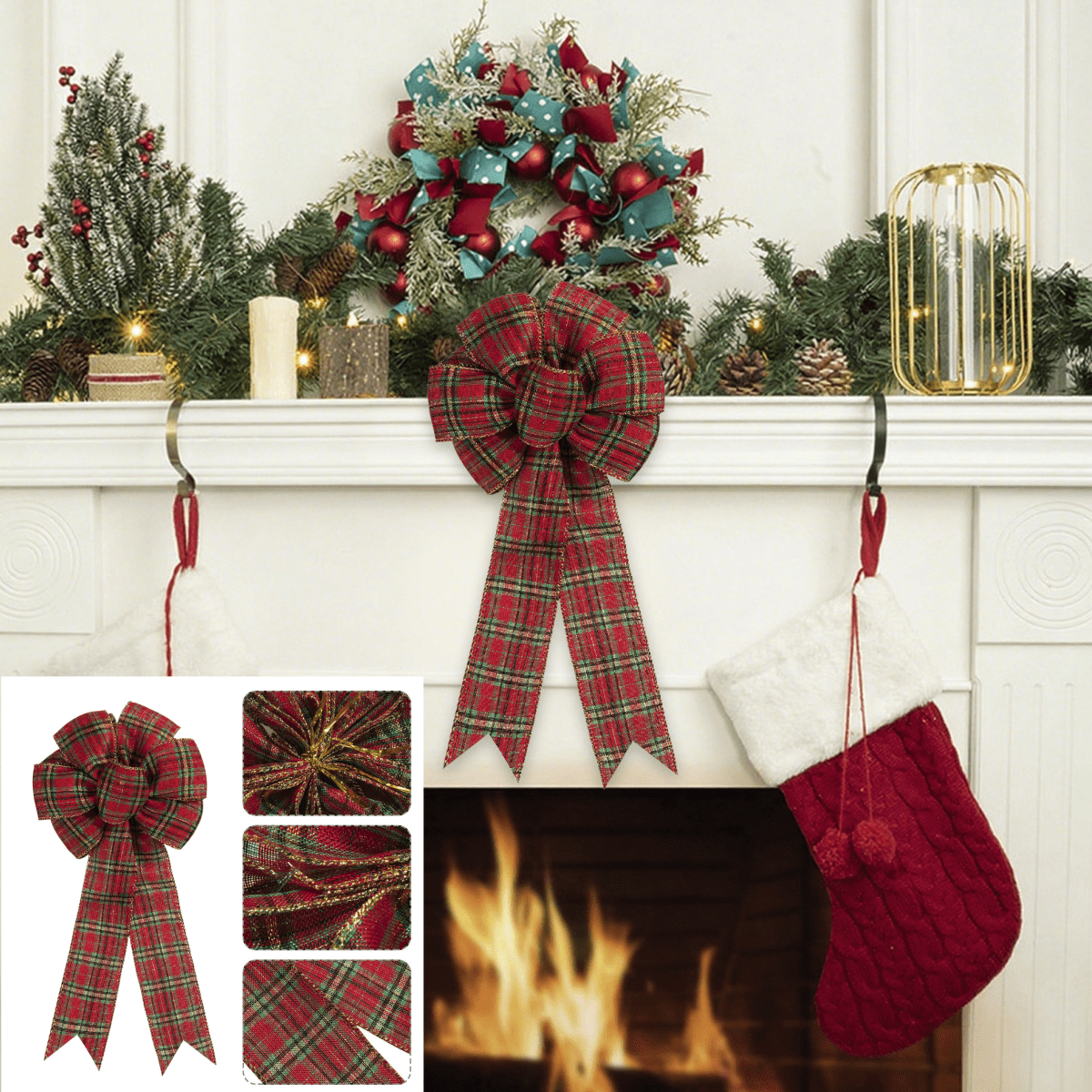 1Pc Velvet Bows For Christmas Tree Bows Topper,Plaid Bow,Plaid Christmas Bows,Red Christmas Bows Large Velvet Bow For Wreaths, Tree, Outside Decorating, Outdoor