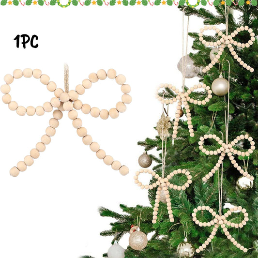 1Pcs Christmas Tree Wood Beads Bow Ornaments,Boho Christmas Decor,Boho Christmas Ornaments,Farmhouse Wooden Beads Xmas Decor Natural Modern Xmas Decorative For Winter Party Decor