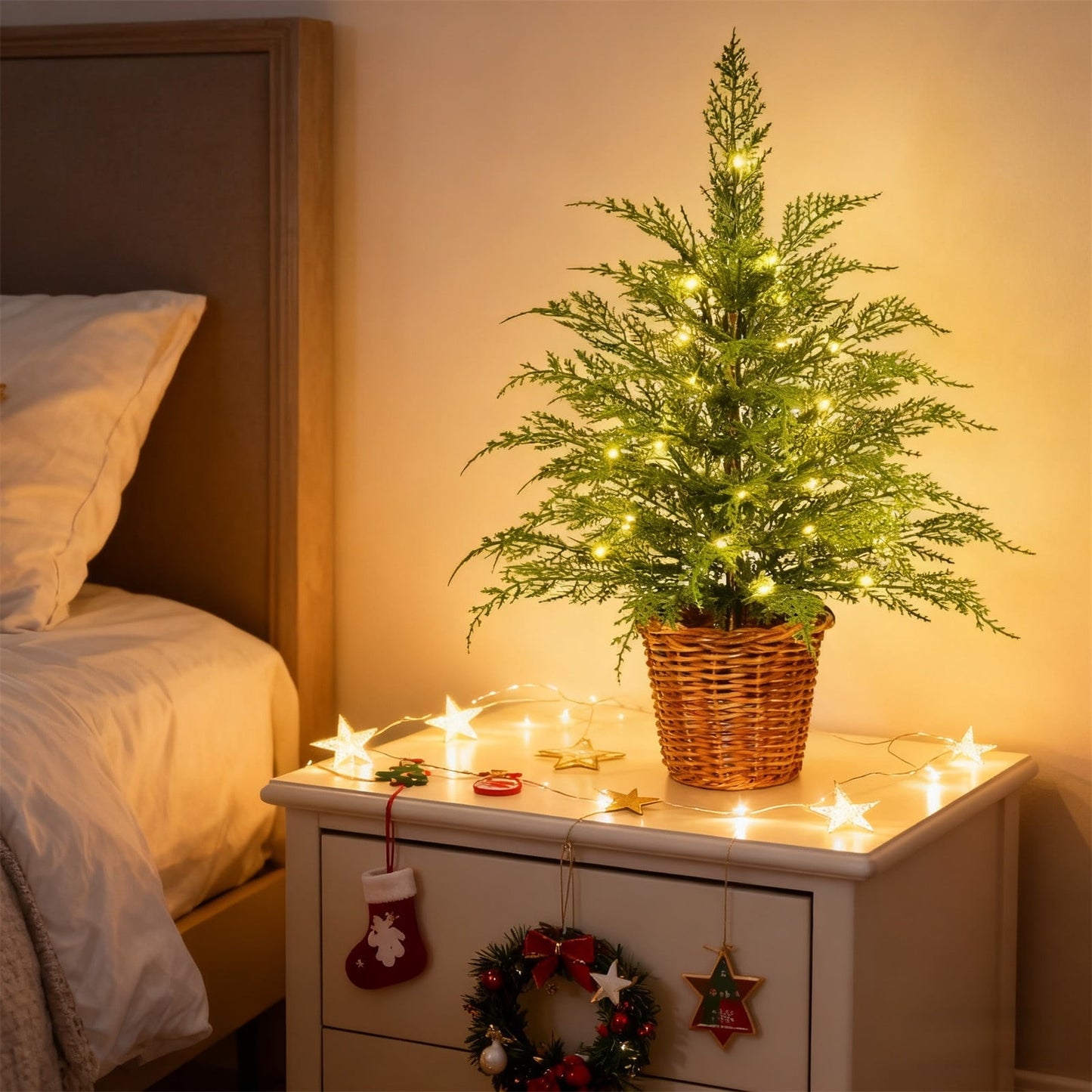 24In Pre-Lit Artificial Christmas Tree With Remote,6H On/18H Off Timer, Warm White Led Battery Operated Tree In Woven Basket, Flame Retardant Tabletop Decor